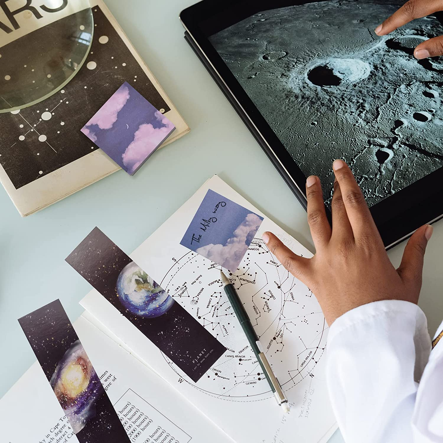 Daily Treasures 30Pcs Space Theme Bookmarks, Colorful Universe Book Markers with 3Pack Moon Sticky Notes-Double Side Galaxy Planet Spaceship Inspirational Bookmarks for Space Enthusiasts, Book Lovers image number 3