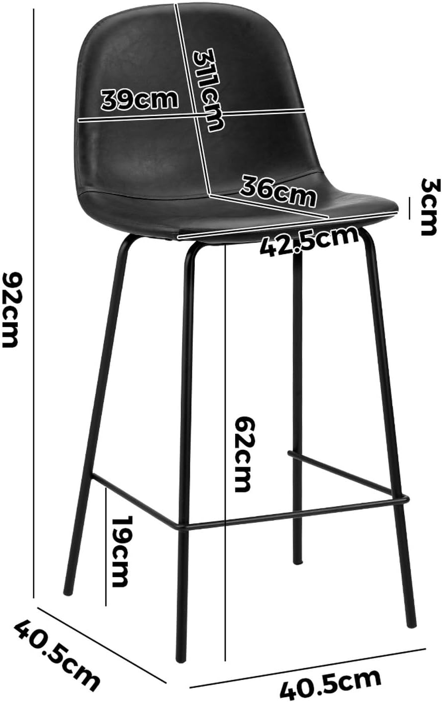 Oikiture 2PCS Bar Stools 62Cm Seat Height, Bar Stools Set of 2 with Premium Faux Leather Backrest Counter Kitchen Chairs Dining Chair, Black image number 5
