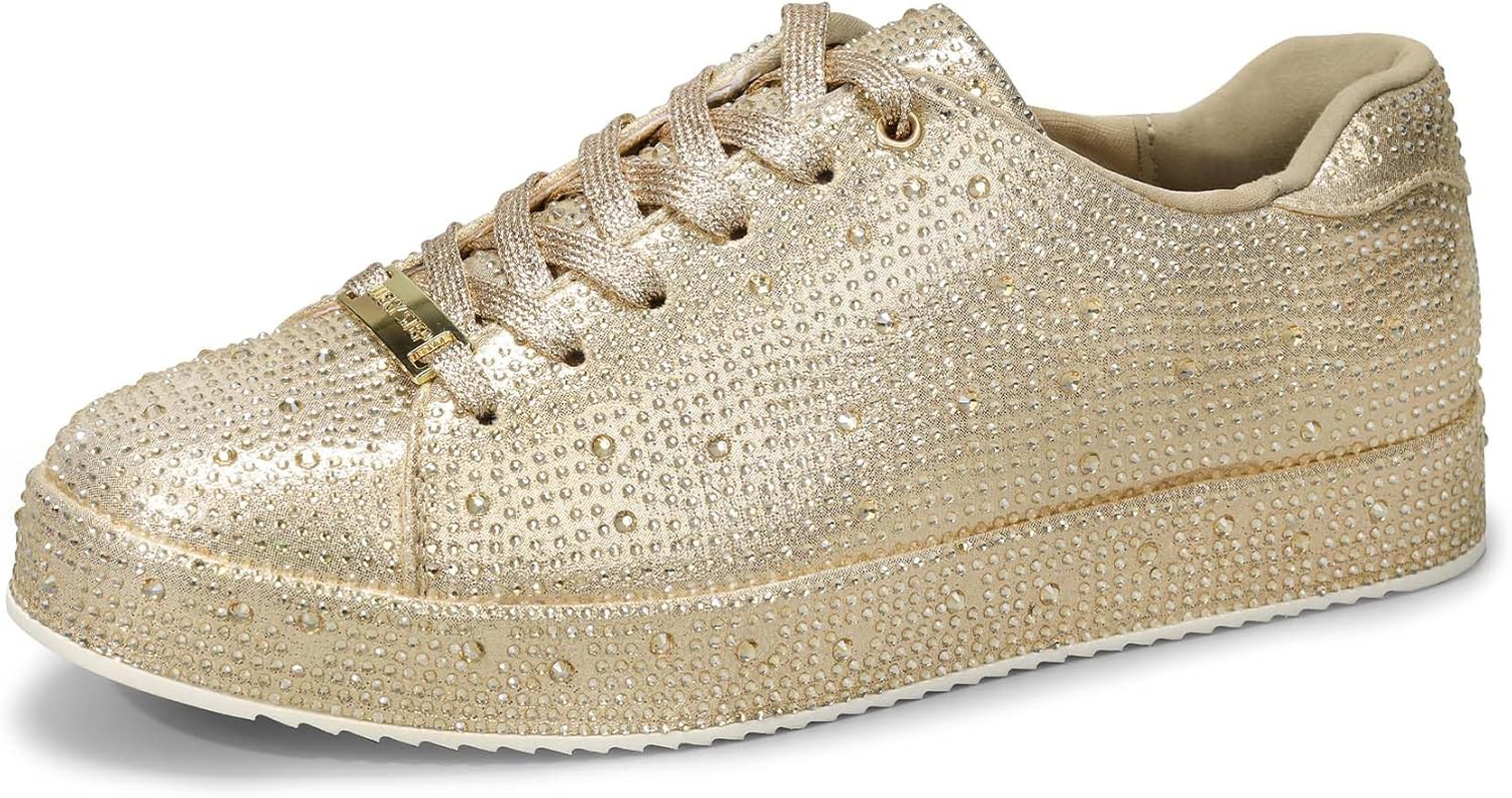 LUCKY STEP Platform Rhinestone Fashion Glitter Sneakers | Sparkly Bling Bedazzled Wedding Bridal Shiny Shoes for Women
