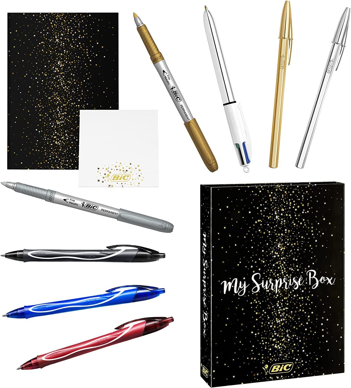 BIC My Surprise Box - Gift Set of 14 Writing Instruments, 4 Ballpoint Pens/5 Metallic Felt-Tips/ 5 Gel Pens/1 Sticky Note Block and an A5 Note Pad - White, Assorted Colours image number 1