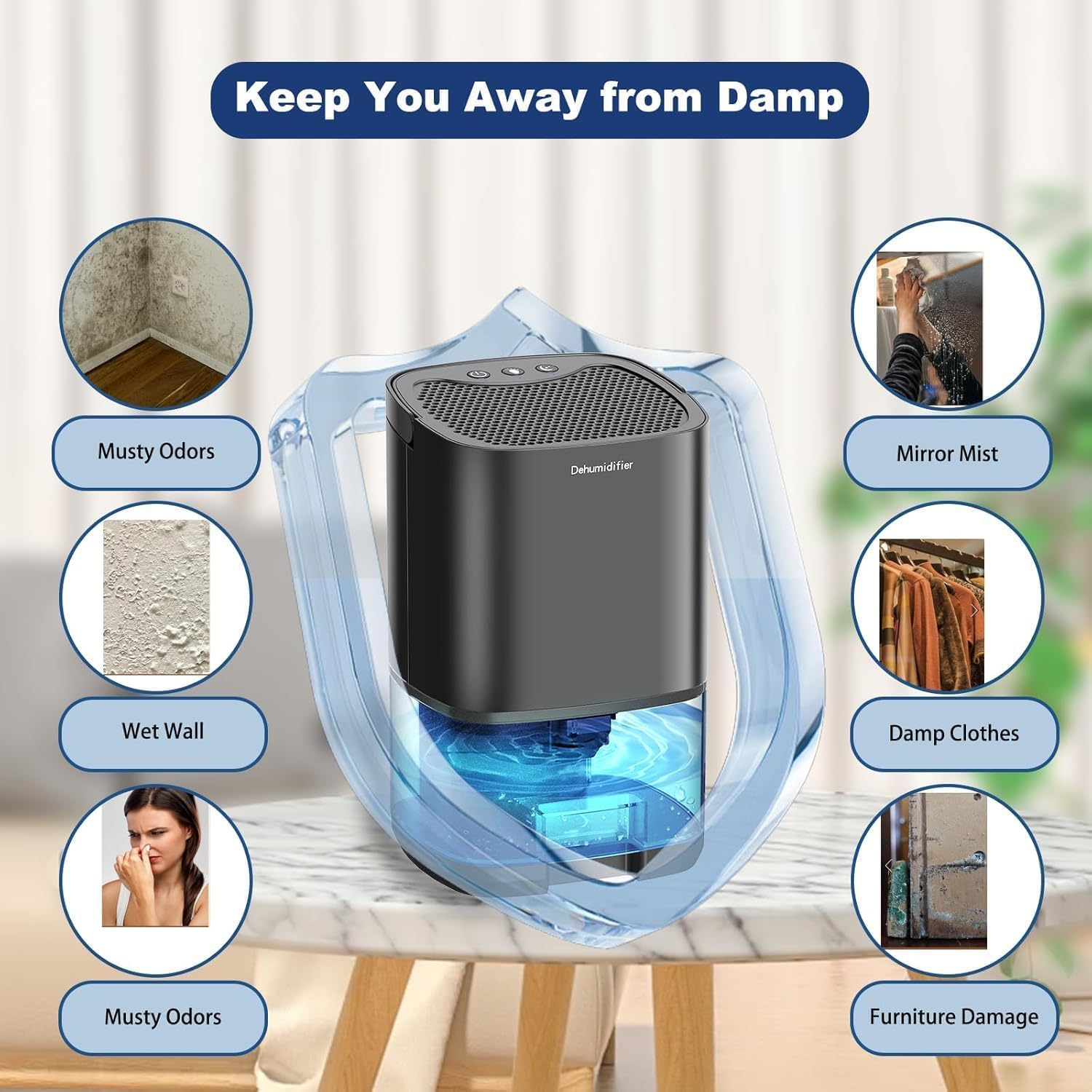 Small Dehumidifier for Home &ndash; Ultra Quiet Dehumidifier Moisture Absorber with Auto Shut Off, 7 LED Lights, Portable Mini Dehumidifiers for Bedroom, Bathroom, Closet, RV, Black