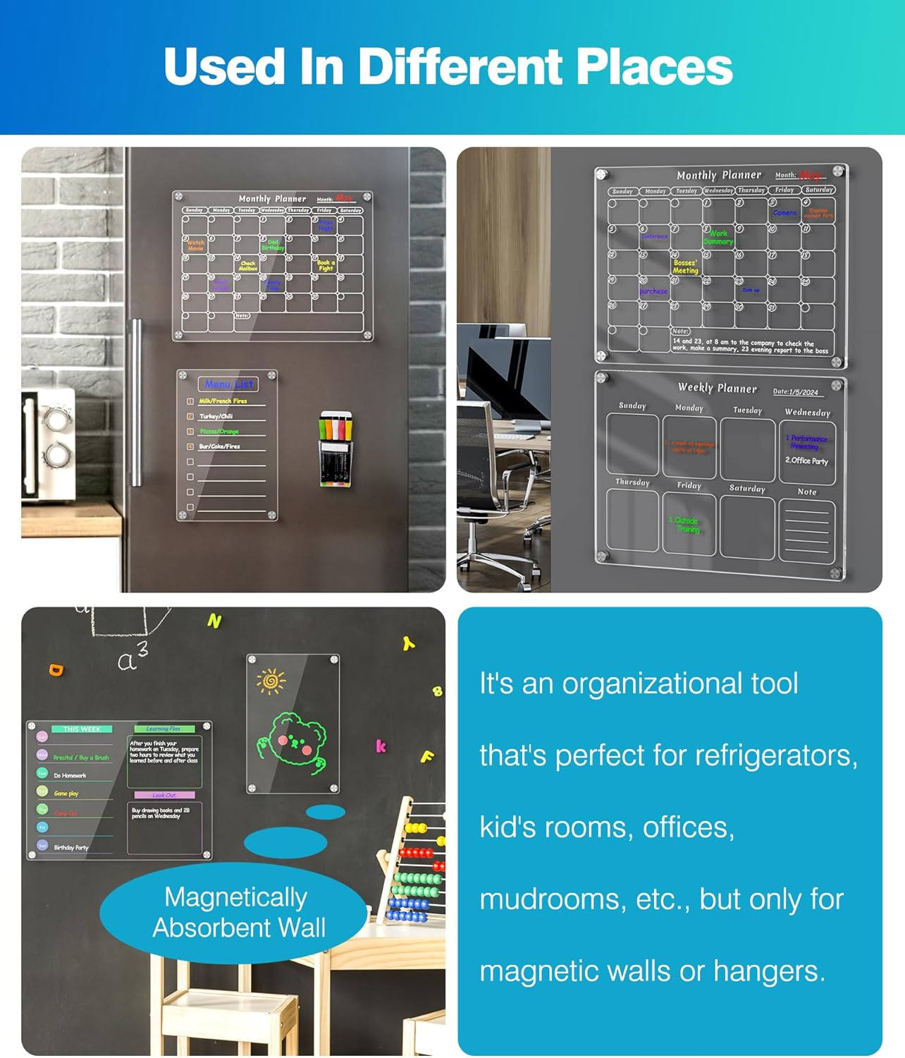 Joiyota Acrylic Magnetic Calendar for Fridge, 2-Pack Clear Dry Erase Monthly & Weekly Reusable Planner/Planning Board for Refrigerator, Includes 8 Markers, Pen Holder & Eraser, 30X40Cm, Popular in USA - Colorful Monthly  Weekly Planner image number 3
