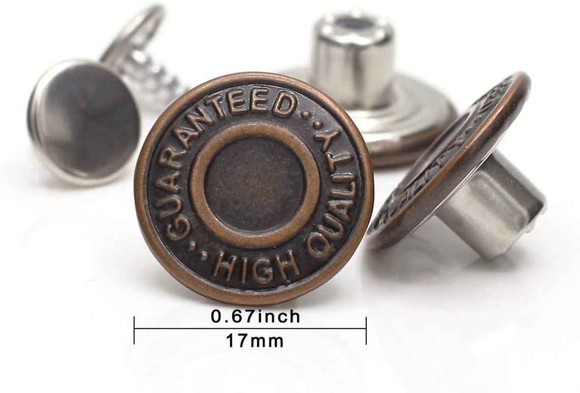 17Mm Brass Jeans Buttons, No Sew Metal Buttons Tack Buttons Replacement Kit (Red Copper) - Red,Silver image number 3