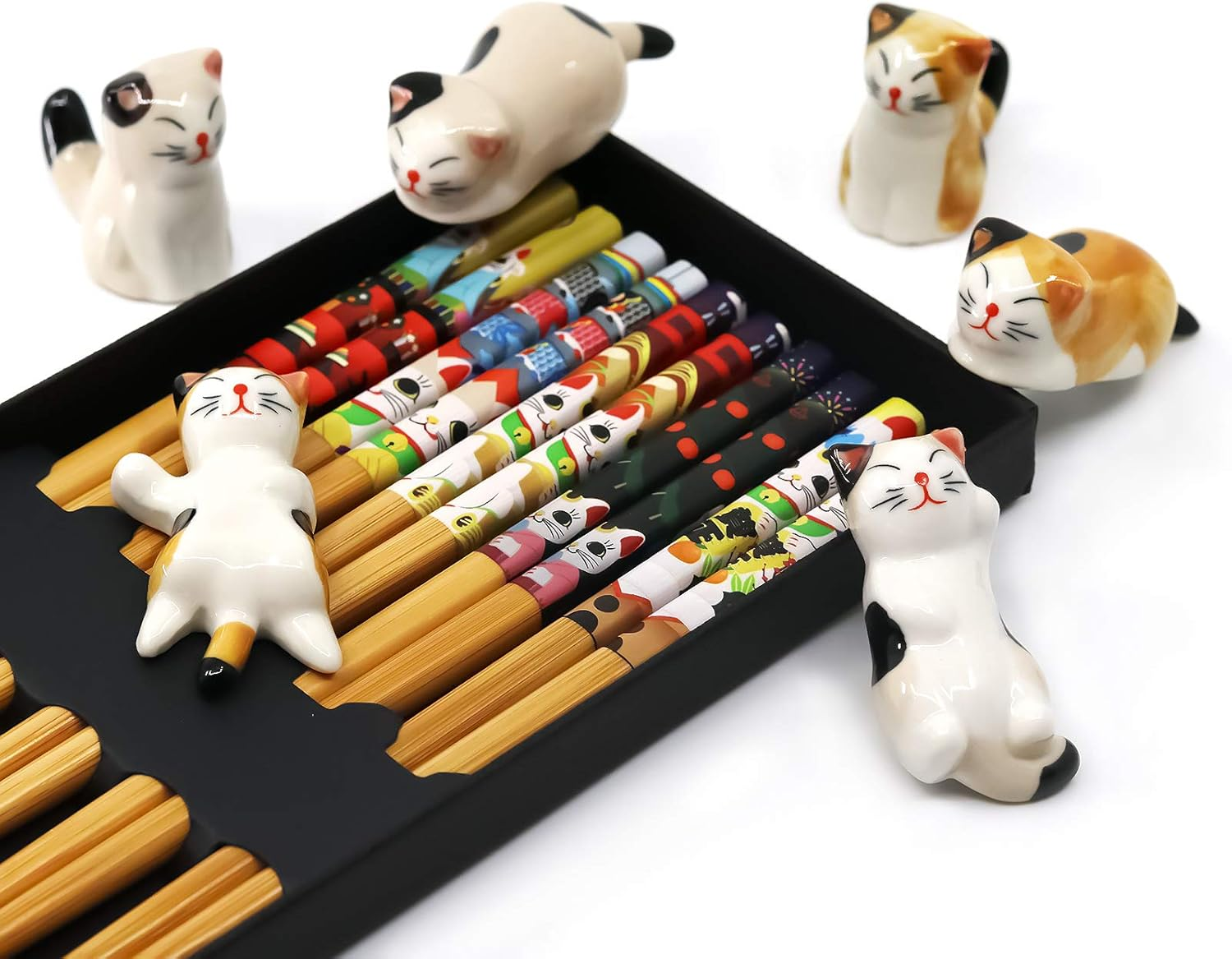 5 Pairs Chopsticks and Chopstick Rest Set, 6 Cute Lucky Cats Rest, Classic Japanese Style Light and Handy Reusable Natural Bamboo Dishwasher, Classic Gift Sets image number 4