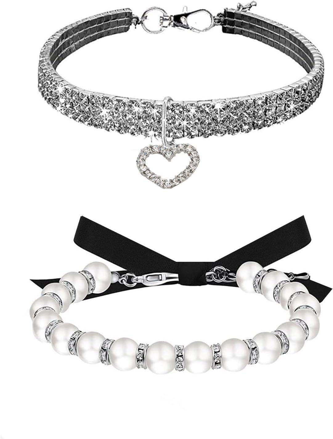 Rhinestones Dog Collar and Pearl Dog Necklace Set, Adjustable Neck Strap Bling Full Diamond Crystal Cute Pearl Dog Collar for Small Cats Puppy for Wedding Birthday Party (White, Medium) image number 3