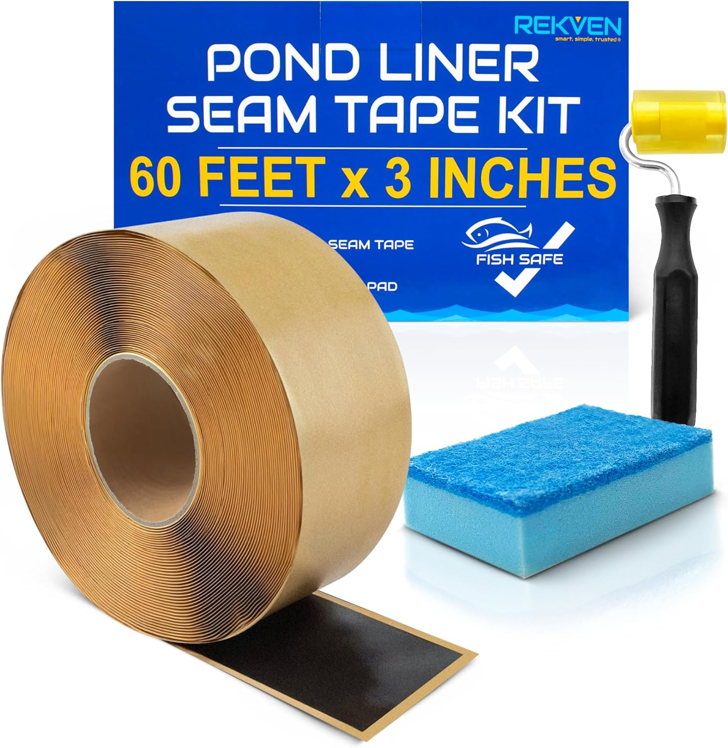 Pond Liner Seam Tape Kit - 60 Feet X 3 Inch - Double Sided Butyl Tape - Bond Seal or Repair EPDM PVC HDPE LDPE RPE LLDPE - Perfect for Small or Large Fish and Koi Ponds Waterfalls and Water Features