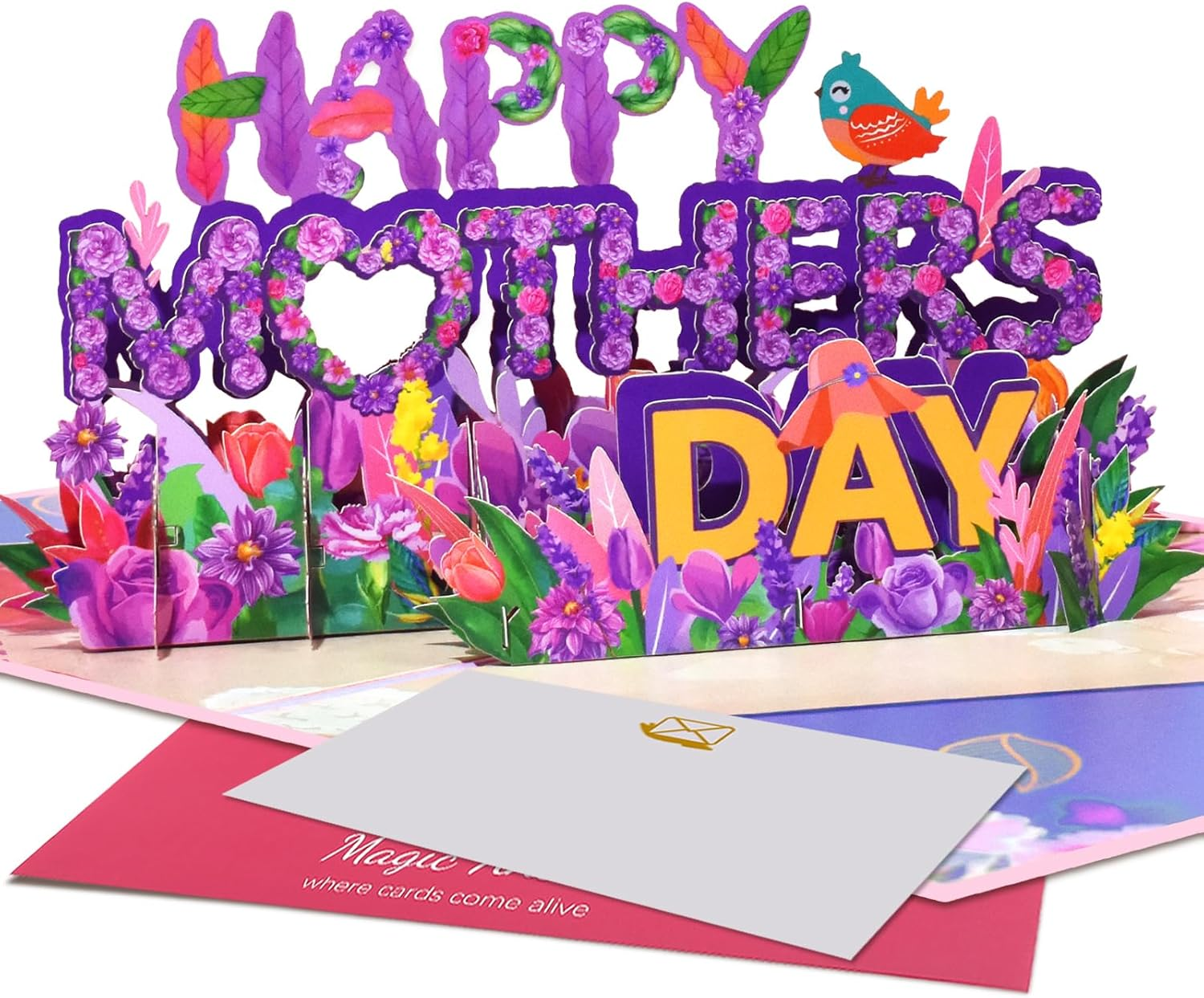 Magic Ants 3D Pop-Up Mother&rsquo;S Day Card &ndash; "Happy Mother&rsquo;S Day" with Glittery Floral Design, Yellow and Silver Script, Colorful Flowers, Lavender Sprig, Includes Envelope and Blank Notecard for Mom, Stepmother, Mother in Law, Grandma, Wife, Sister, Aunt