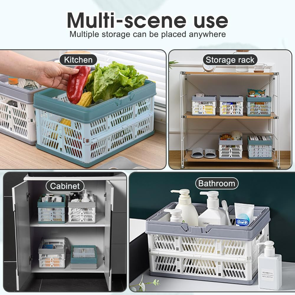 Portable Storage Crate, Plastic Storage Baskets for Organizing, 20L Collapsible Shopping Basket, Foldable Picnic Basket with Handles, Stackable Car Milk Dairy Container (Blue, Large) image number 3