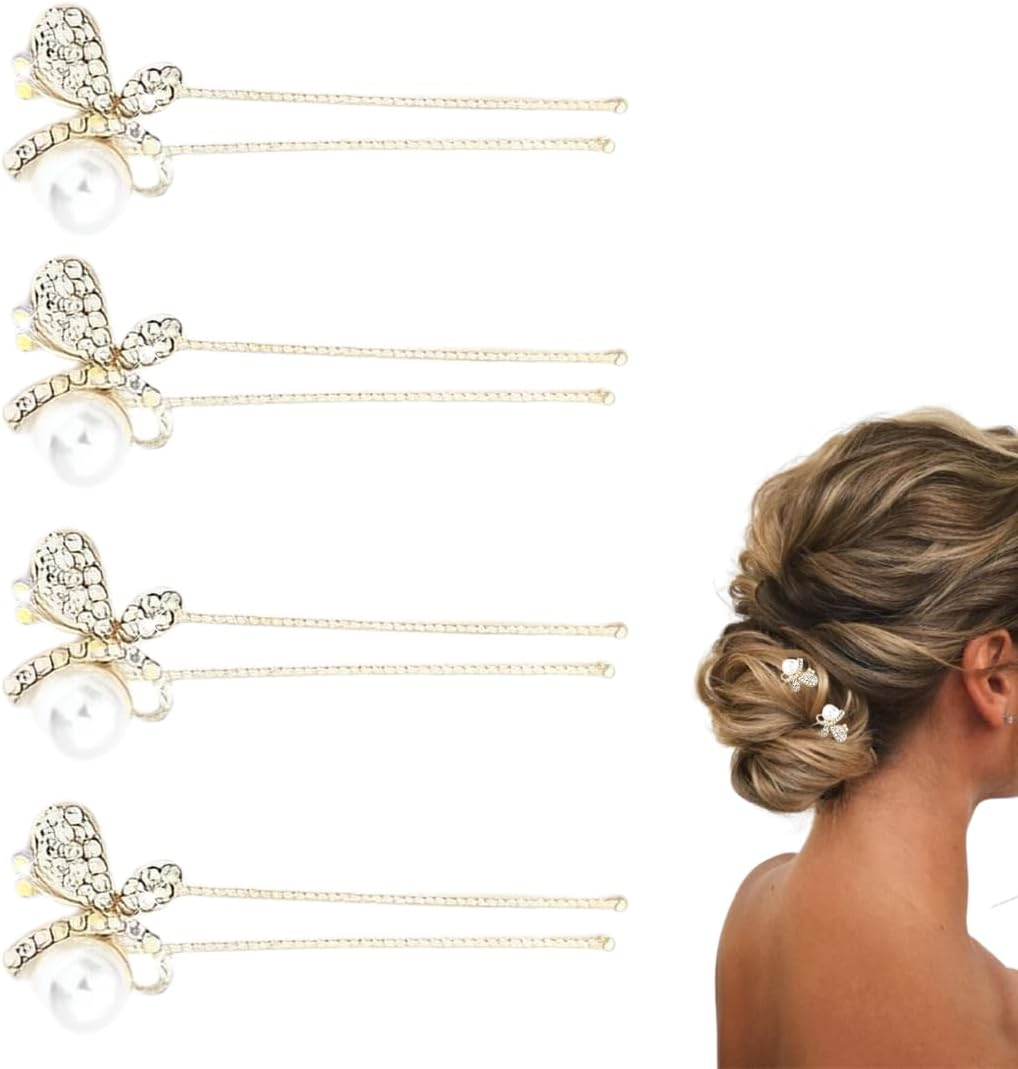 4 Pack Butterfly Pearl Rhinestone Hair Clips, U Shaped Hair Accessories, Pearl Hair Accessories, U Shaped Pearl Hair Clips Set for Wedding, Bride, Bridesmaid, Girls and Women image number 4