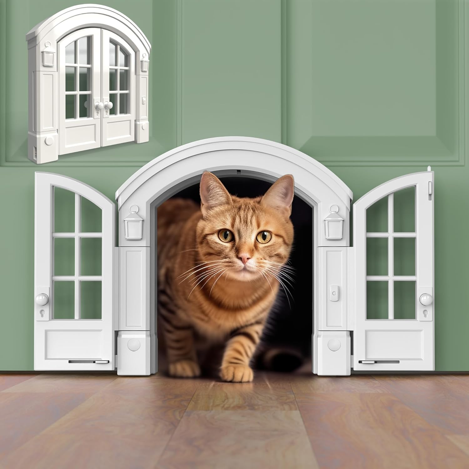 Purrfect Portal French Cat Door - Stylish No-Flap Cat Door Interior Door for Average-Sized Cats up to 20 Lbs, Easy DIY Setup, Secured Installation in Minutes, No Training Needed, 7.13 X 8.32&rdquo;