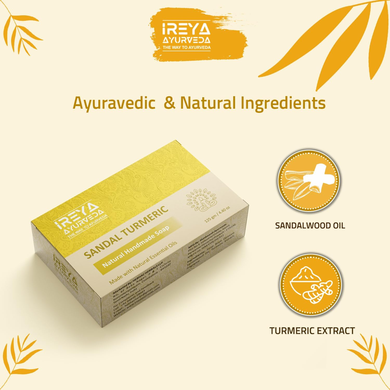 Ireya Ayurveda Turmeric Sandal Soap - 125 G - Soap Bar - Vegan - Handmade Soap - Moisturizing Soap image number 3