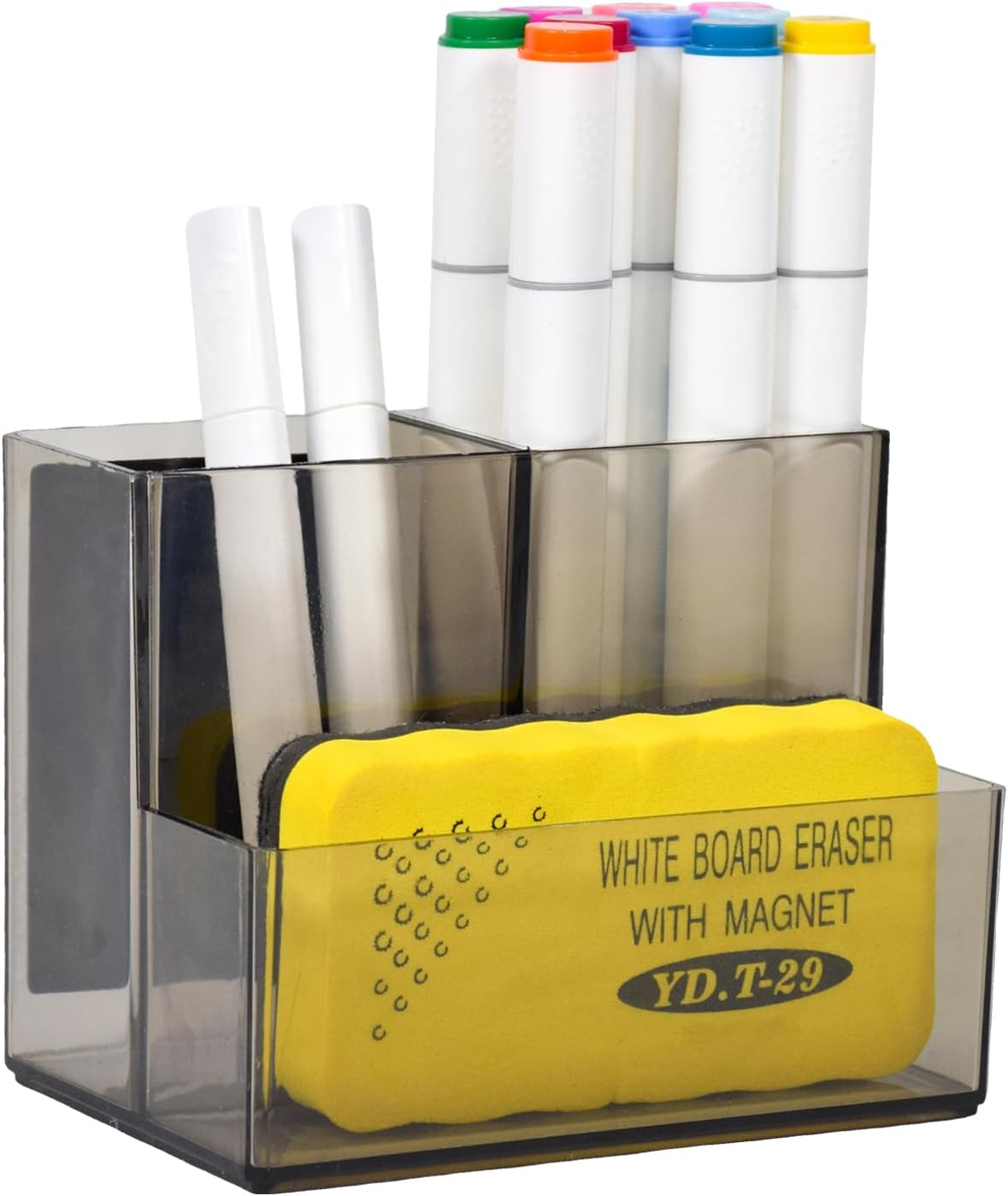 SAYEEC 2 Pack Acrylic Pen Holder Magnetic Dry Erase Marker Holder with 4 Magnet Sheets 3 Compartments Clear Desk Makeup Brush Organizer Pencil Cup Caddy for Fridge Whiteboard Cosmetic Office School