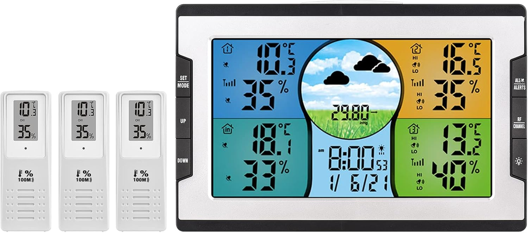 Digital Weather Station with 3 Remote Sensors 328Ft/ 100M Indoor Outdoor Temperature Humidity Monitor Alarm Clock with Snooze Thermohygrometer with Weather Forecast/Pressure/Backlight/Date/Week/