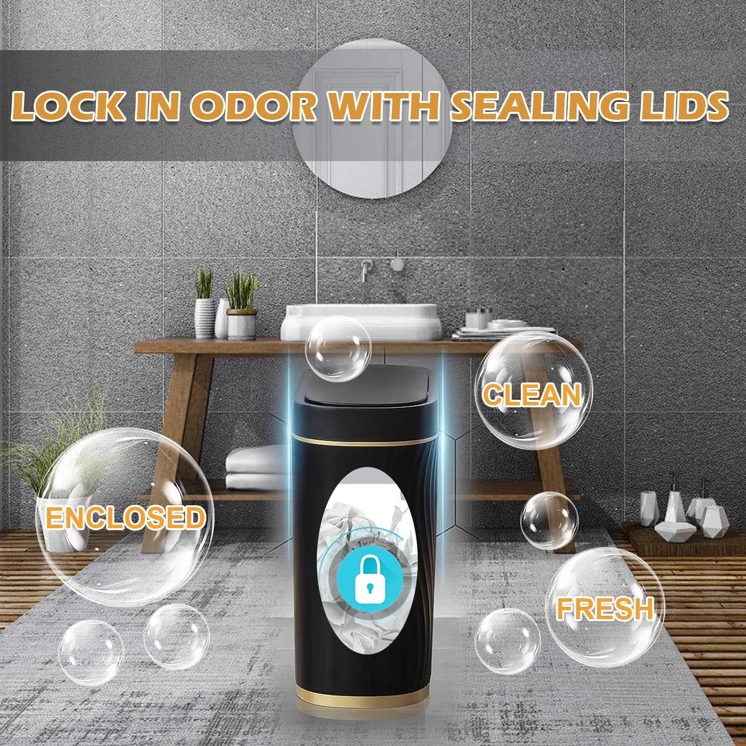 Caunedy Bathroom Smart Trash Can with Lid Automatic Touchless Lid, 8L Slimline Sensor Trash Bin for Bedroom, Living Room, Office（Black with Gold Trim） image number 5