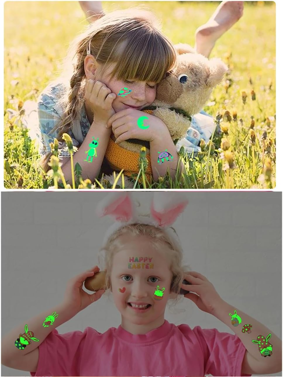 Custelen 100 Pieces Glow-In-The-Dark Easter Temporary Tattoos for Kids - Bunny, Gnome, and Easter Eggs Stickers - 10 Sheets of Waterproof Luminous Tattoo Party Favors image number 6