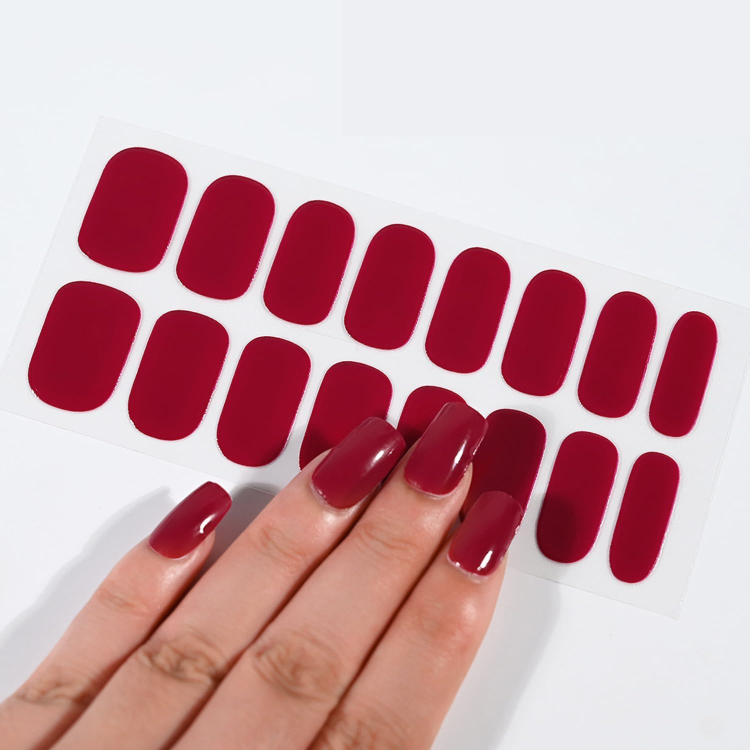 16 Pcs Semi Cured Gel Nail Stickers, Red Nail Strips Wraps for Salon-Quality Manicure, for Works with Any UV Lamp, Easy to Apply, Trim, & Remove Gel Stickers image number 5
