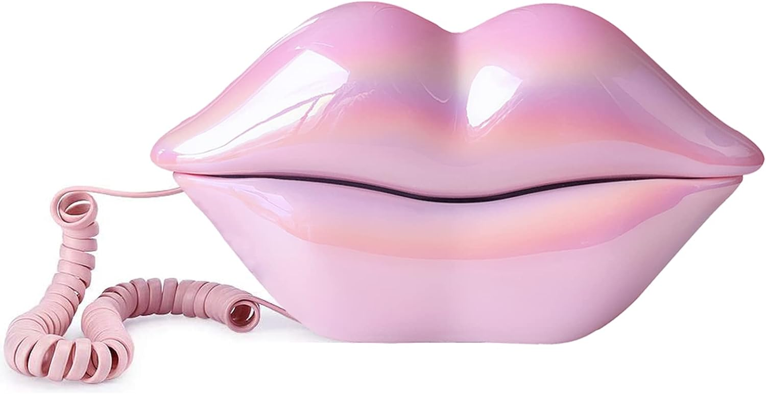 Telpal Corded Landline Phones for Home, Funny Novelty Lip Phone Gift, Wired Mouth Telephone Cartoon Shaped Real Landline Home Office Telephones Furniture Decor (Pink)