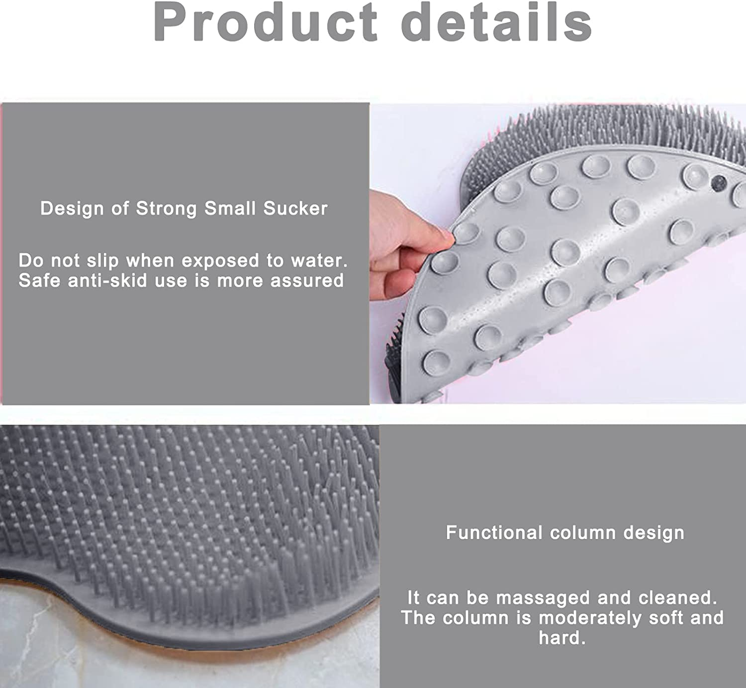 Back/Feet Scrubber for Shower,Silicone Shower Brush with Suction Cup for Cleaning & Exfoliating Skin,Floating Body Long Bristles for Wet or Dry Brushing,Cleans the Body Easily,30&times;25Cm (Gray) image number 3