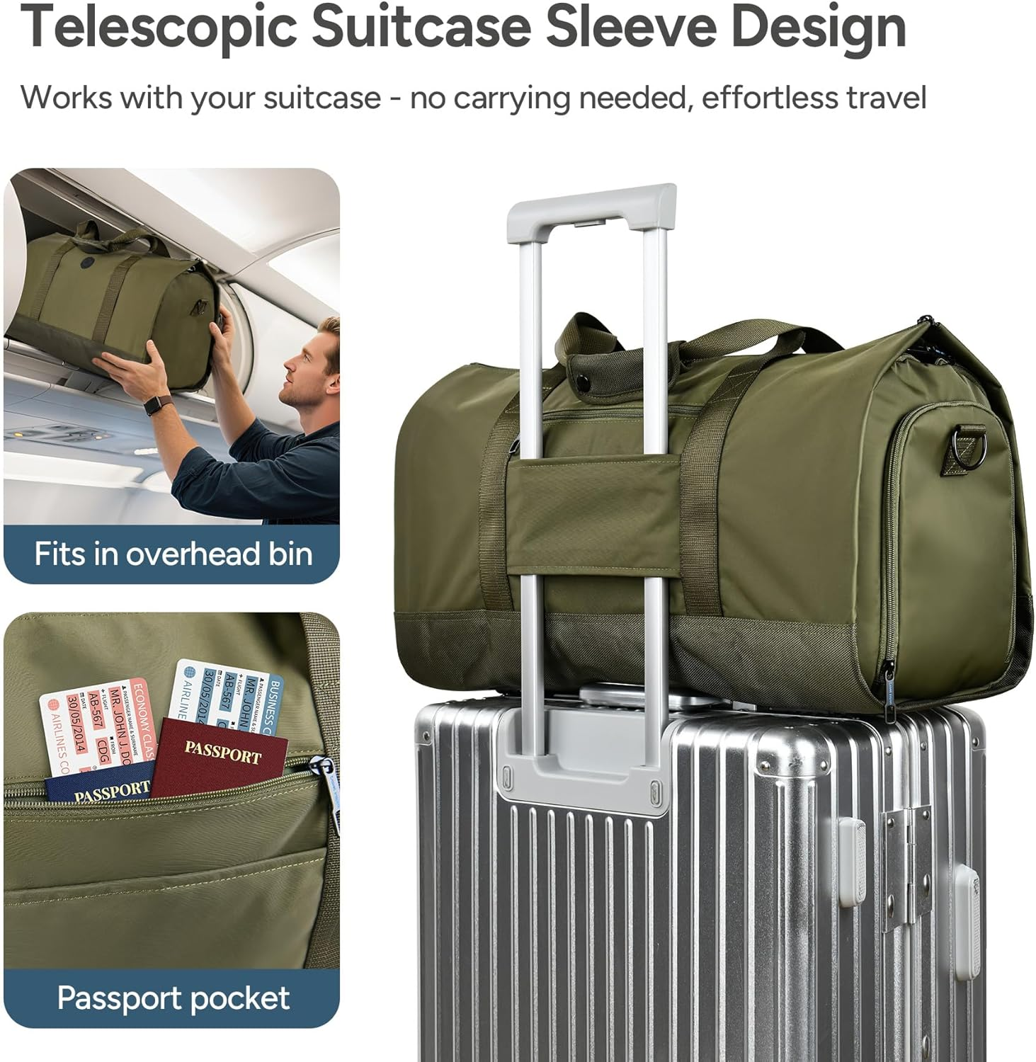 Travel Inspira Convertible Garment Bag for Travel - Carry on Garment Duffle Weekender Bag with Extended Shoe Compartment & Shoulder Straps, 2 in 1 Waterproof Hanging Suitcase Suit Bag (Army Green) - Army Green image number 5