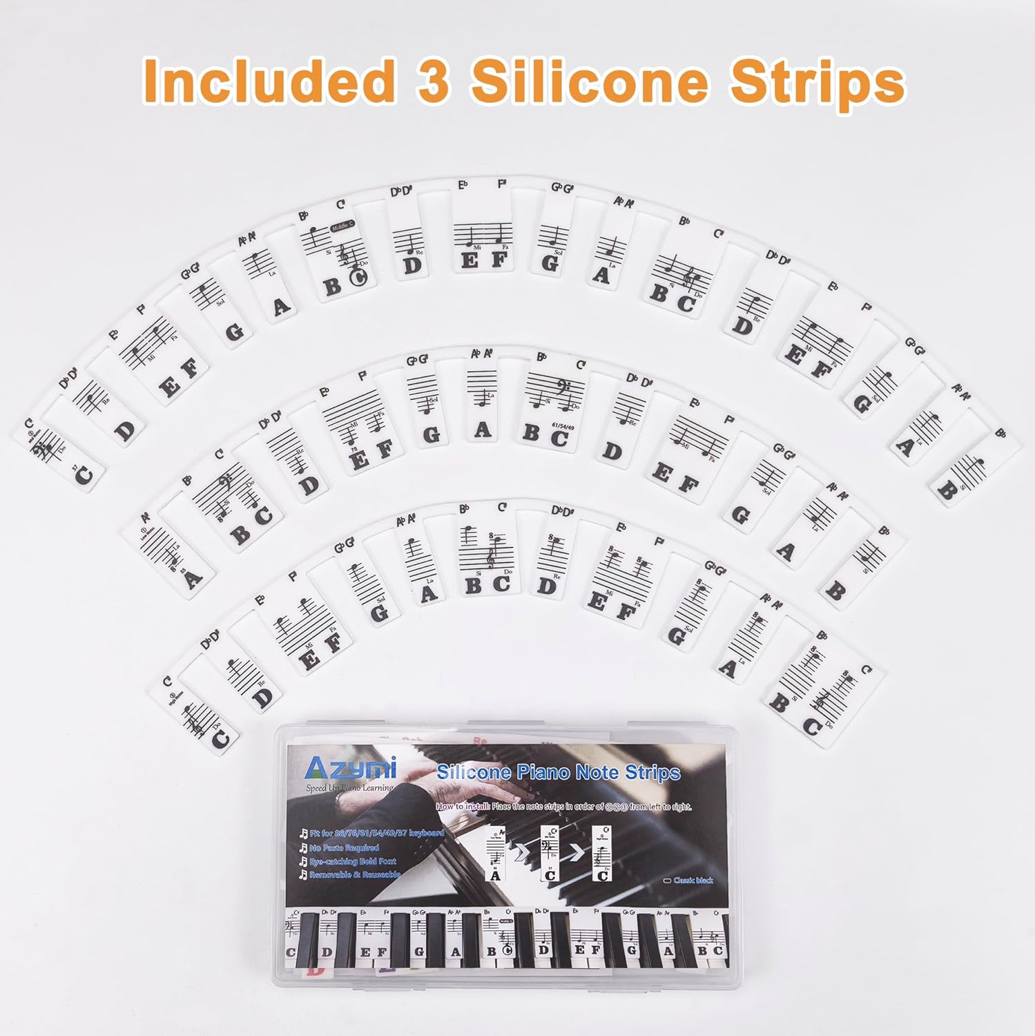 Azymi Removable Piano Keyboard Note Labels, Piano Letters for Keys 88/76/ 61/54/ 49/37, Reusable Silicone Strips Black Large Bold Letter for Kids Beginners image number 4