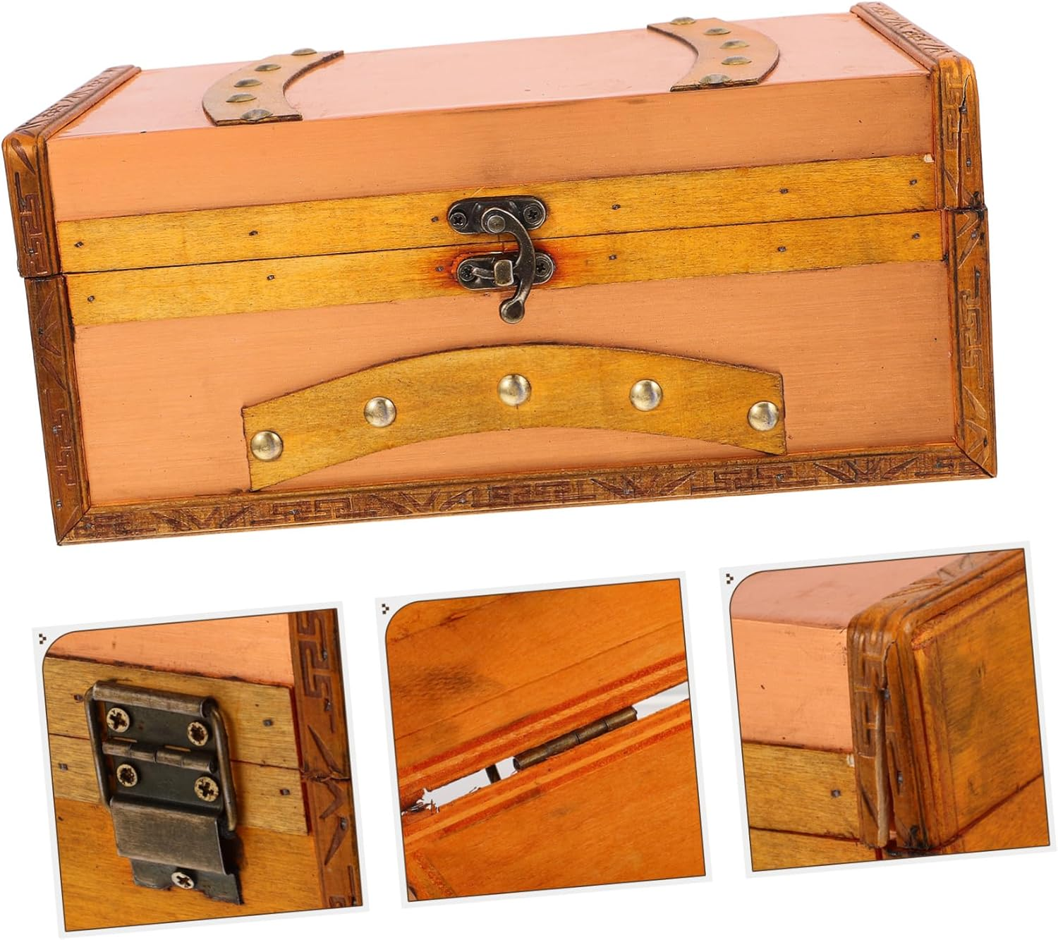 Operitacx Retro Wooden Storage Box Vintage Treasure Chest for Boys and Girls Small Wood Box Lid for Home Decor and Organizing Cards Jewelry and Small Treasures image number 2