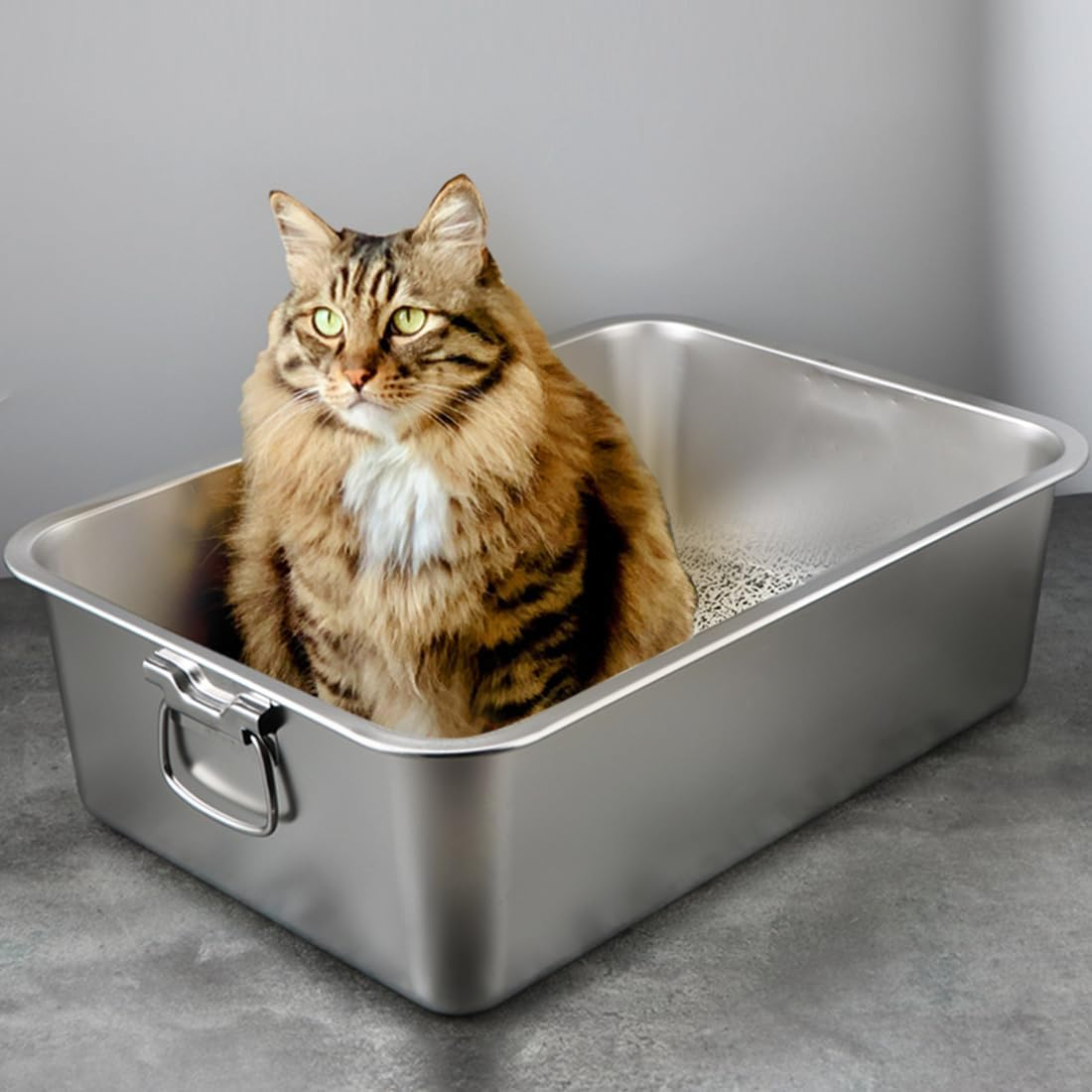 1 Pack Stainless Steel Cat Litter Box with 1 Cat Litter Scoop,Extra Large Litter Box for Pet,With Carry Handle,Easy Clean,Non-Stick Smooth Surface (45(L)*35(W)*10(H) CM 1Pack) image number 1