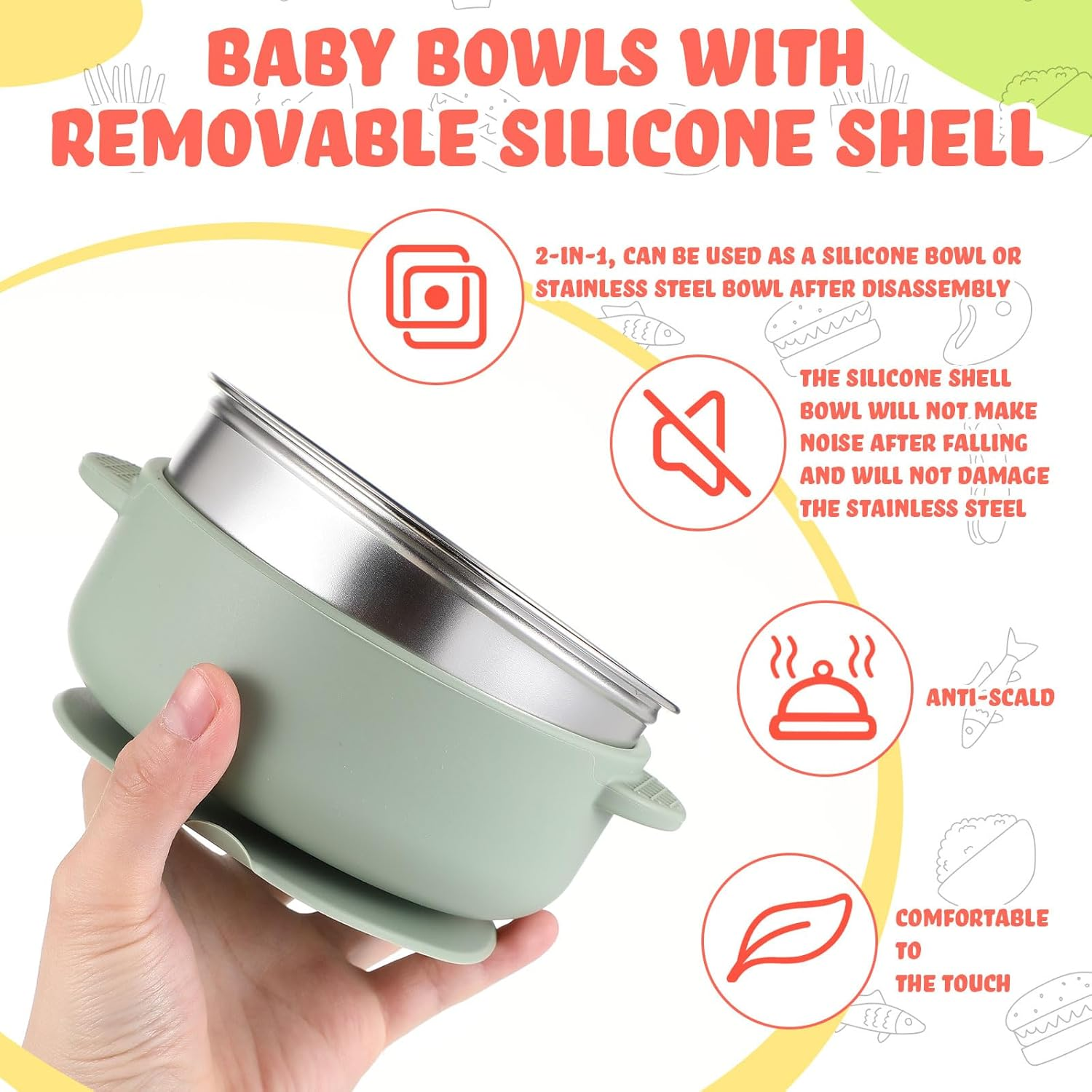Nuogo 6 Pcs Stainless Steel Baby Bowls with Removable Silicone Shell 304 Toddler Bowls Kids anti Scald Snack Container for Food Feeding, Dishwasher Safe(Vivid Color,Suction-A) image number 4