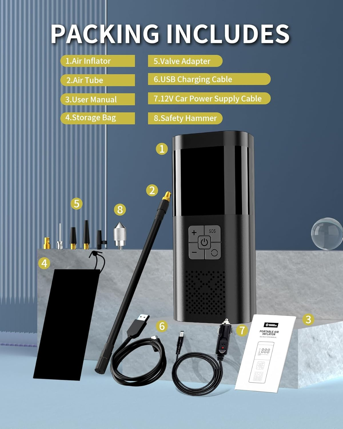 TEMOLA Portable 150PSI Cordless Black Tire Inflator, TN10, 12V DC Air Pump with Pressure Gauge, for Car, Motorcycle, Bicycle Tires image number 2