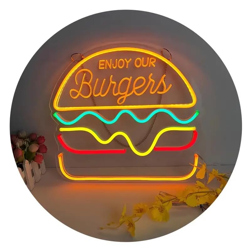 Hamburger Neon Sign with Dimmer Switch for Restaurant Shop Snack Bar Pub Burger Neon Lights for Home Bar Restaurant LED Food Lighting Wall Decoration image number 1