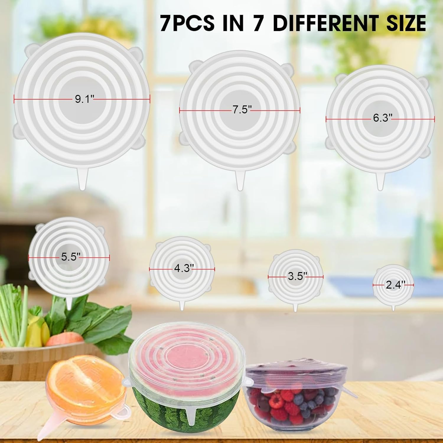 Reusable Silicone Stretch Lids for Food Storage &ndash; Elastic Bowl Covers Fit round & Rectangle Containers, Jars, Cups &ndash; Heat-Resistant, Dishwasher Safe, Premium Kitchen Gadgets (7-Piece Set)