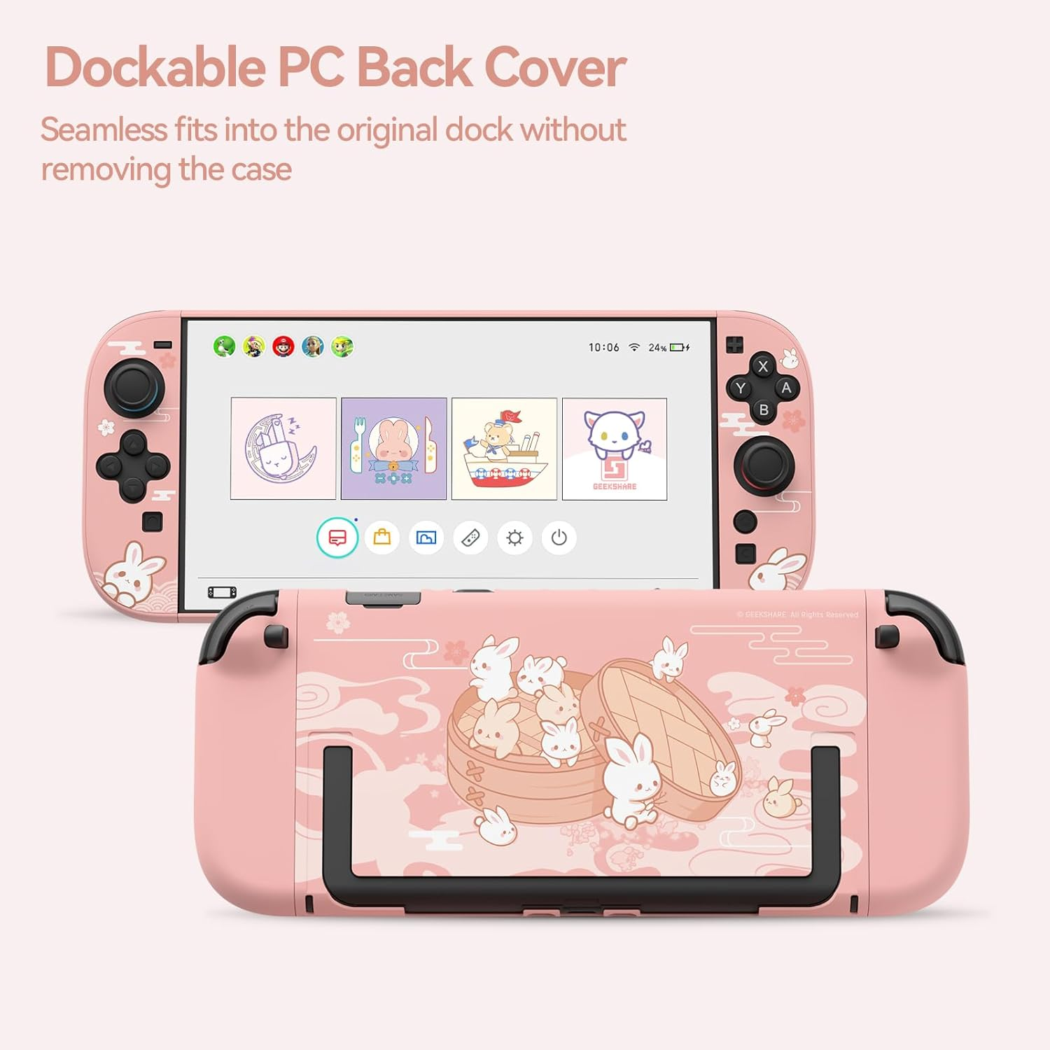 Geekshare Protective Shell Compatible with Switch 2, Kawaii Cartoon Dockable Case for Switch 2, Anti-Scratch and Shock-Absorption Design Cover Skin - Steamed Bun Rabbit