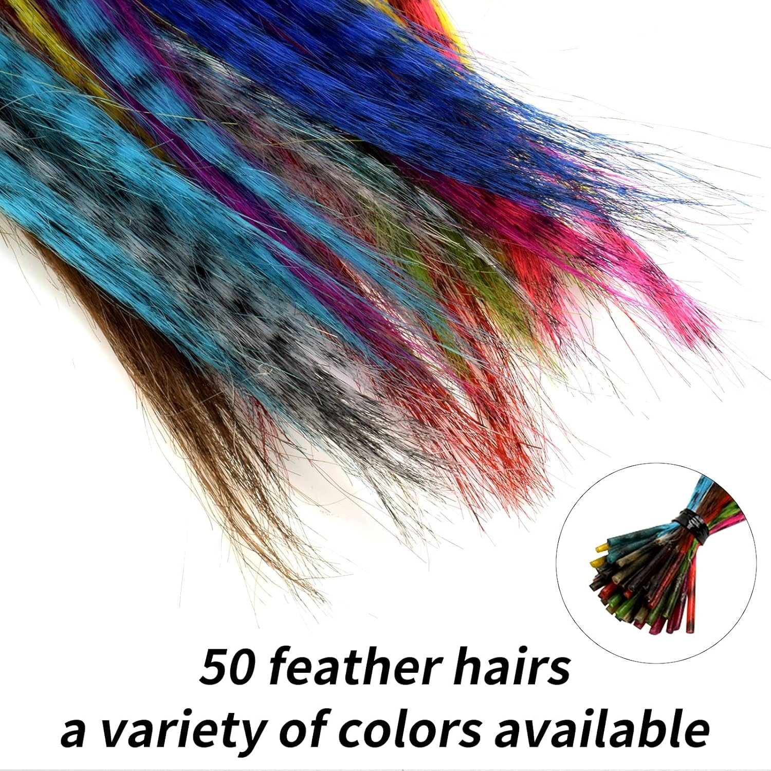 50 Pieces Feather Hair Extension Set, Synthetic Hair Strands, Coloured Hair Extensions, Clip Feather Extensions, Highlights, Colourful Straight Hairpiece with 100 Silicone Rings, Pliers and Hooks