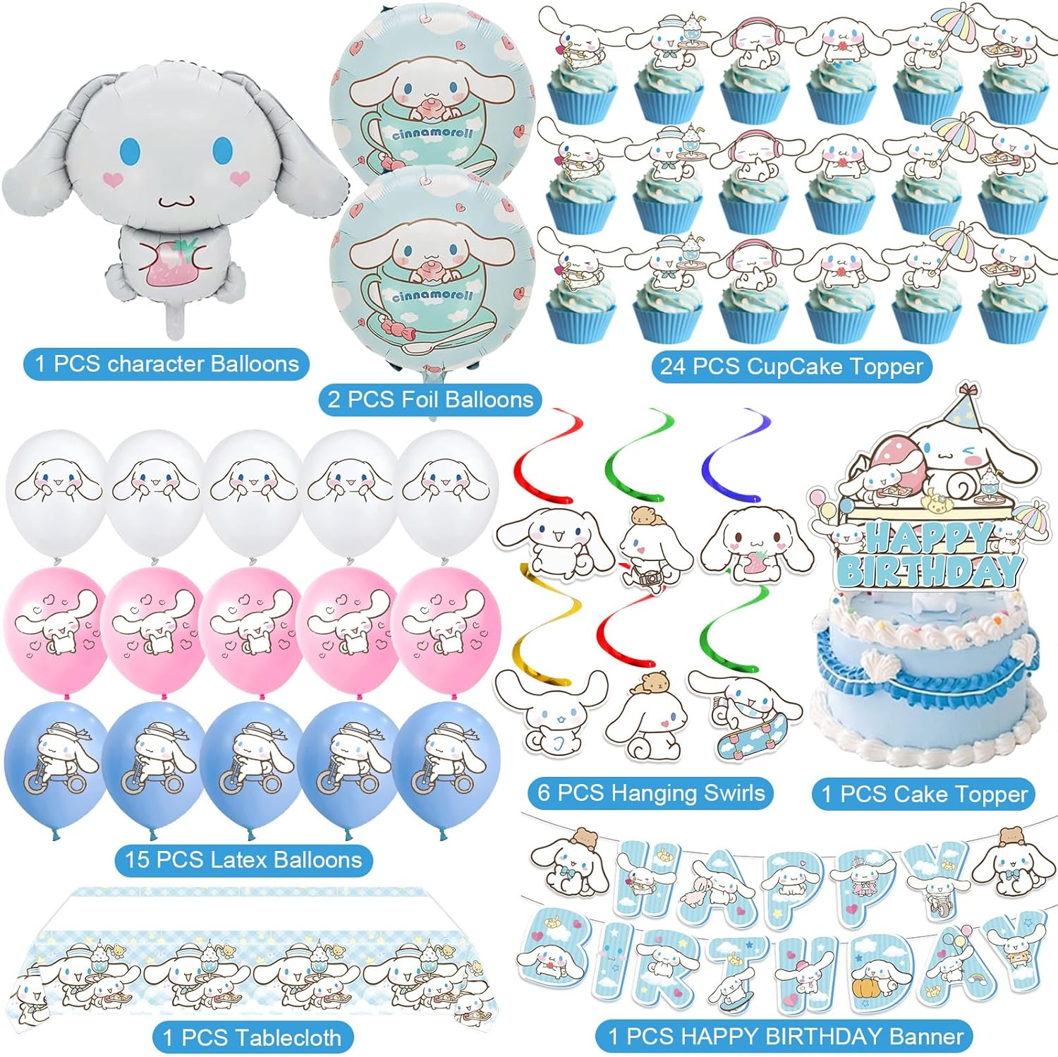 AVONO Cinnamoroll Birthday Decorations, Party Supplies Set Include Banner, Balloons, Hanging Swirls, Cake Cupcake Toppers, Tablecloth for Kids Cinnamoroll Theme Party image number 1