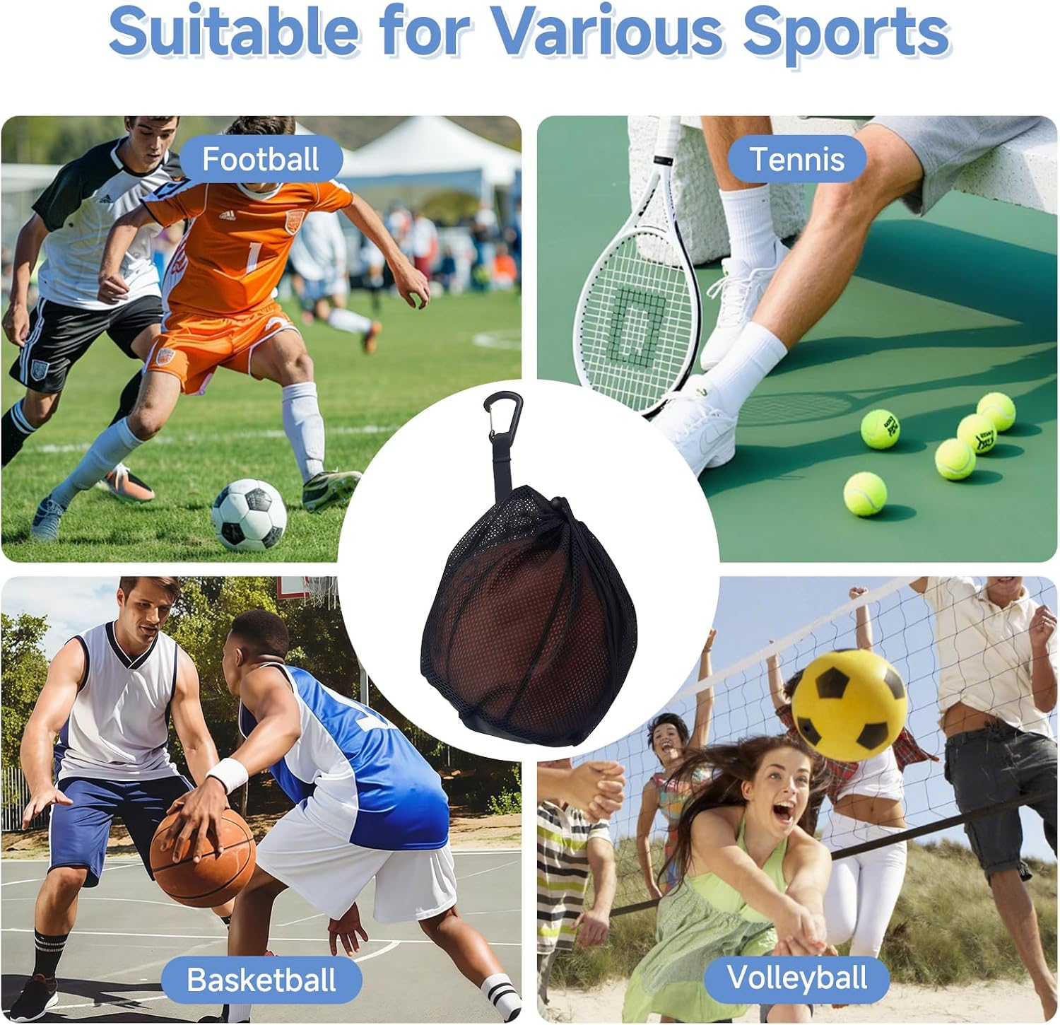 Teccfly Sports Ball Mesh Bag with Zipper Pocket, Durable Drawstring Backpack for Basketball Football Volleyball Soccer, Portable Ball Bag for Training Games Gym, Lightweight Basketball Backpack(Black)