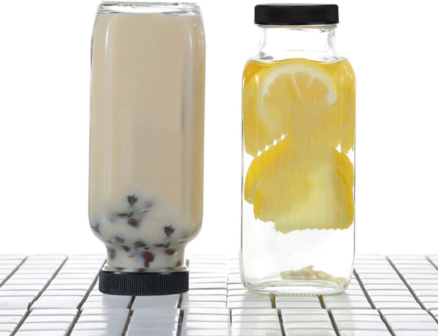 Encheng Beverages Drinking Bottles 12Oz,Glass Water Botttles with Lids,Octagonal Vintage 350Ml,Juice Bottles for Storage Tea,Kombucha,Milk Bottles Smoothies Bottles 20Pack