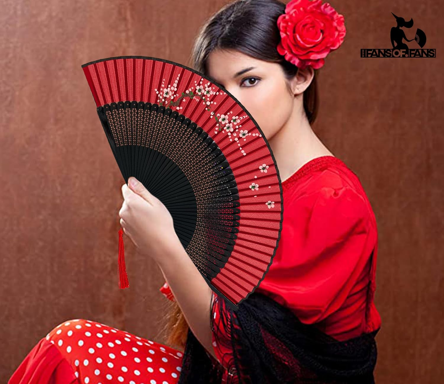 FANSOF.FANS Floral Red and Black Chinese Japanese Silk Fabric Handheld Folding Hand Fan with Pouch and Gift Box Grade a Bamboo Ribs for Women Girls Dance Event Birthday Wedding Favour Gift (Style 02) image number 2