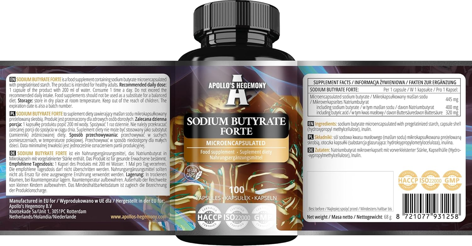 Sodium Butyrate Forte 400Mg - 100 Vegan Capsules - 100 Day Supply - Supplement to Support Overal Gut Health - by Apollo'S Hegemony image number 2