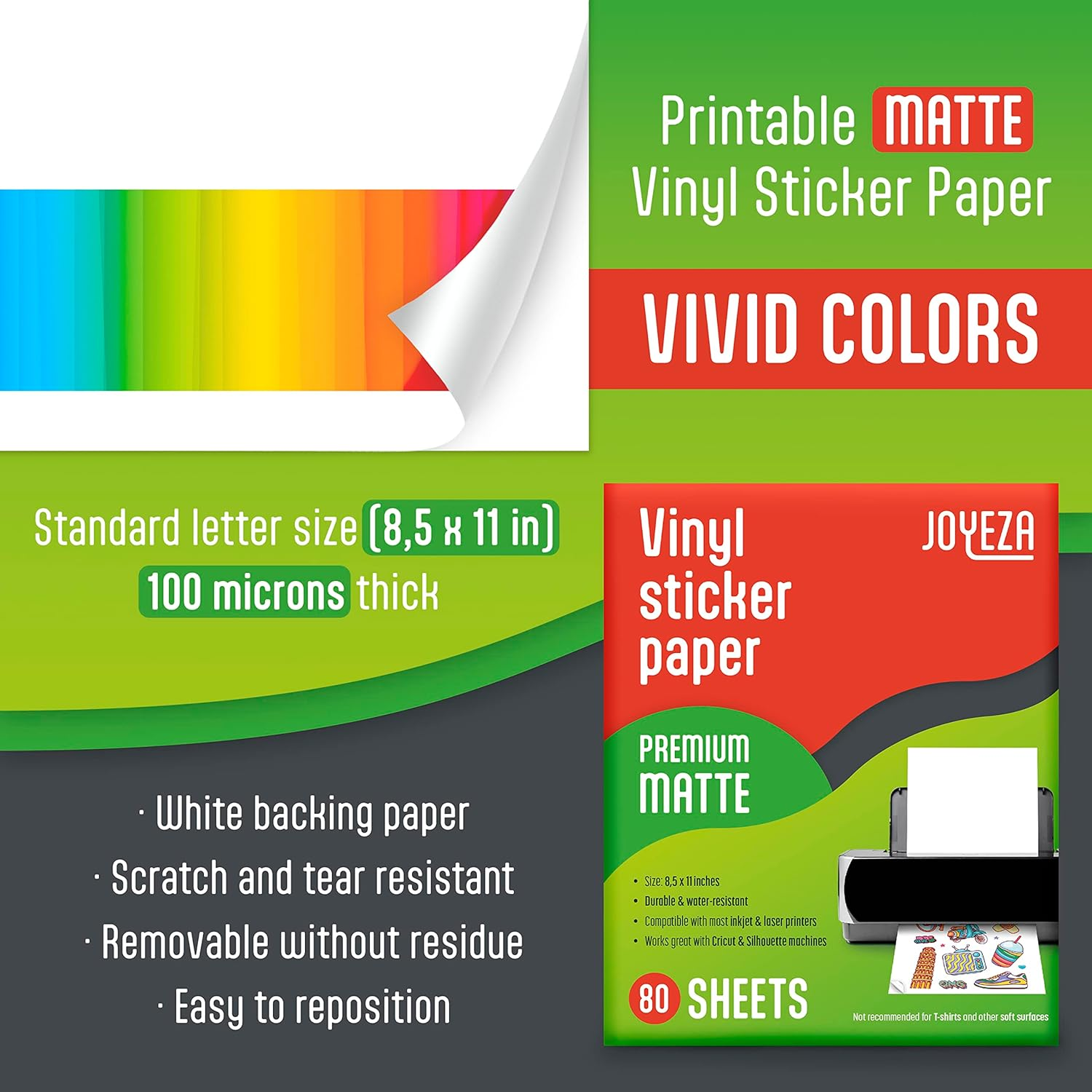 JOYEZA Premium Printable Vinyl Sticker Paper for Inkjet Printer - 80 Sheets Matte White Waterproof, Dries Quickly Vivid Colors, Holds Ink Well- Tear Resistant - Inkjet & Laser Printer image number 6