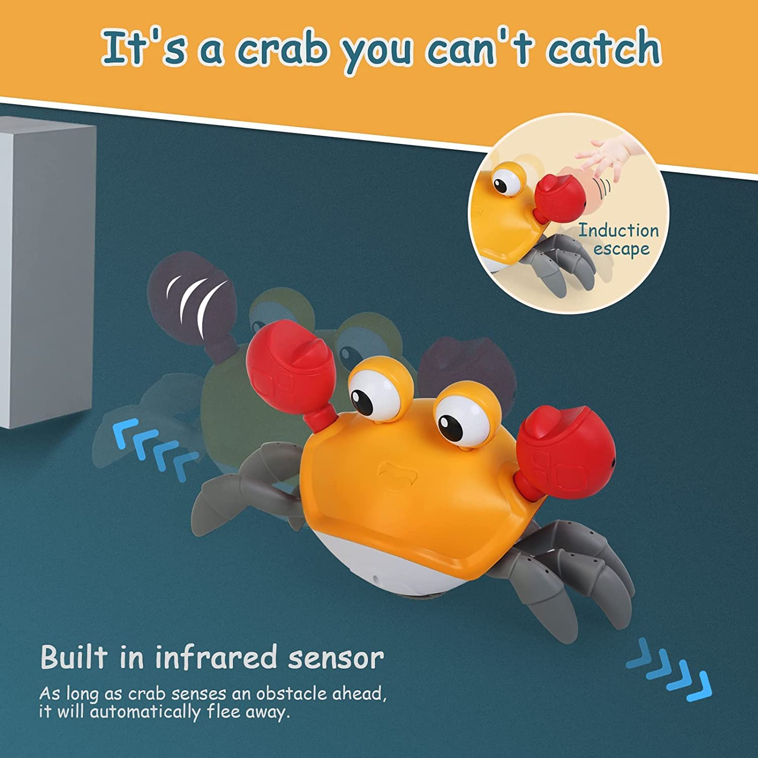 NEWSTYLE Crawling Crab Baby Toy,Walking Dancing Crab Interactive Toys with Automatically Avoid Obstacles,Electronic Light up Musical Toy for Toddlers and Kids,Usb Rechargeable (Orange) image number 6