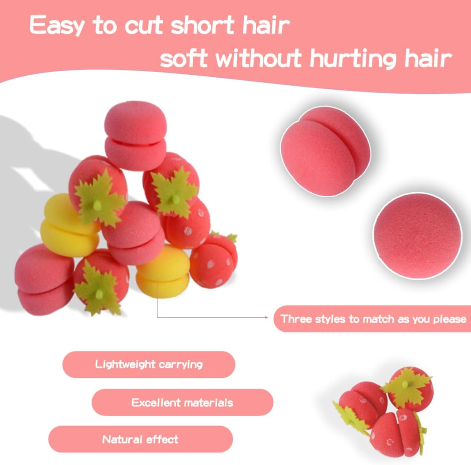 Strawberry Heatless Hair Curlers, Strawberry Heatless Curls Overnight, Strawberry Breathable Sponge Simple Curlers for Women Long Hair & Short Hair (24 Pcs,Mix)