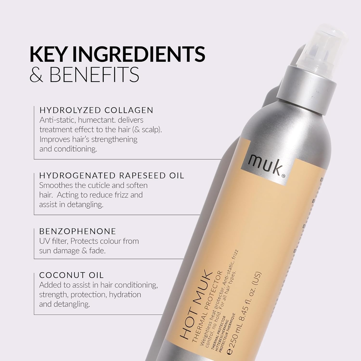 MUK. Hot Muk Thermal Protect - Heat Protection Hair Spray. Heat Protectant for Styling Tools up to 230&deg;C. Heat Protection Hair Spray UV Shield against Colour Fade, Frizz Control, 250Ml image number 5