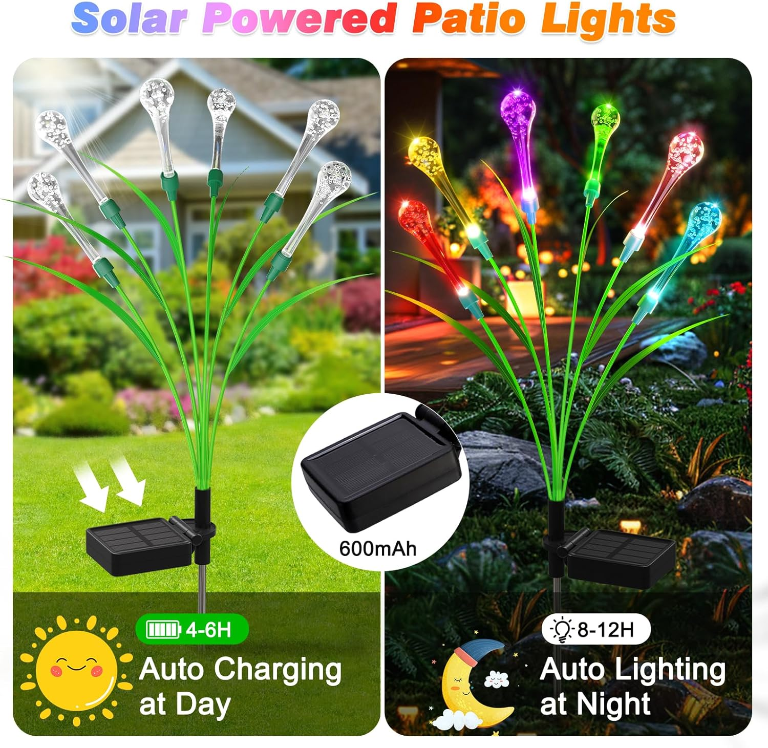 Bluefire 2 Pack Solar Garden Lights, Crystal Acrylic Water Drop Lights with 12 Bulbs, Waterproof Solar Lights Outdoor Patio Lights for Garden Lawn Patio Yard Wedding Party Decor(Multicolor)