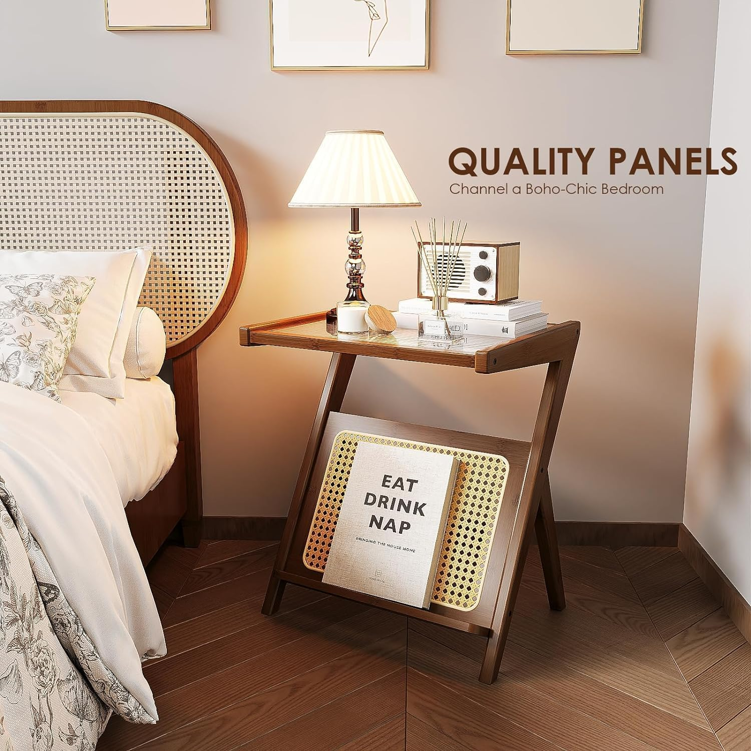 Bamworld Rattan Side Table - Boho Mid-Century Modern Nightstand with Glass Top and Storage, Bamboo Coffee Table and Record Player Stand for Living Room and Bedroom