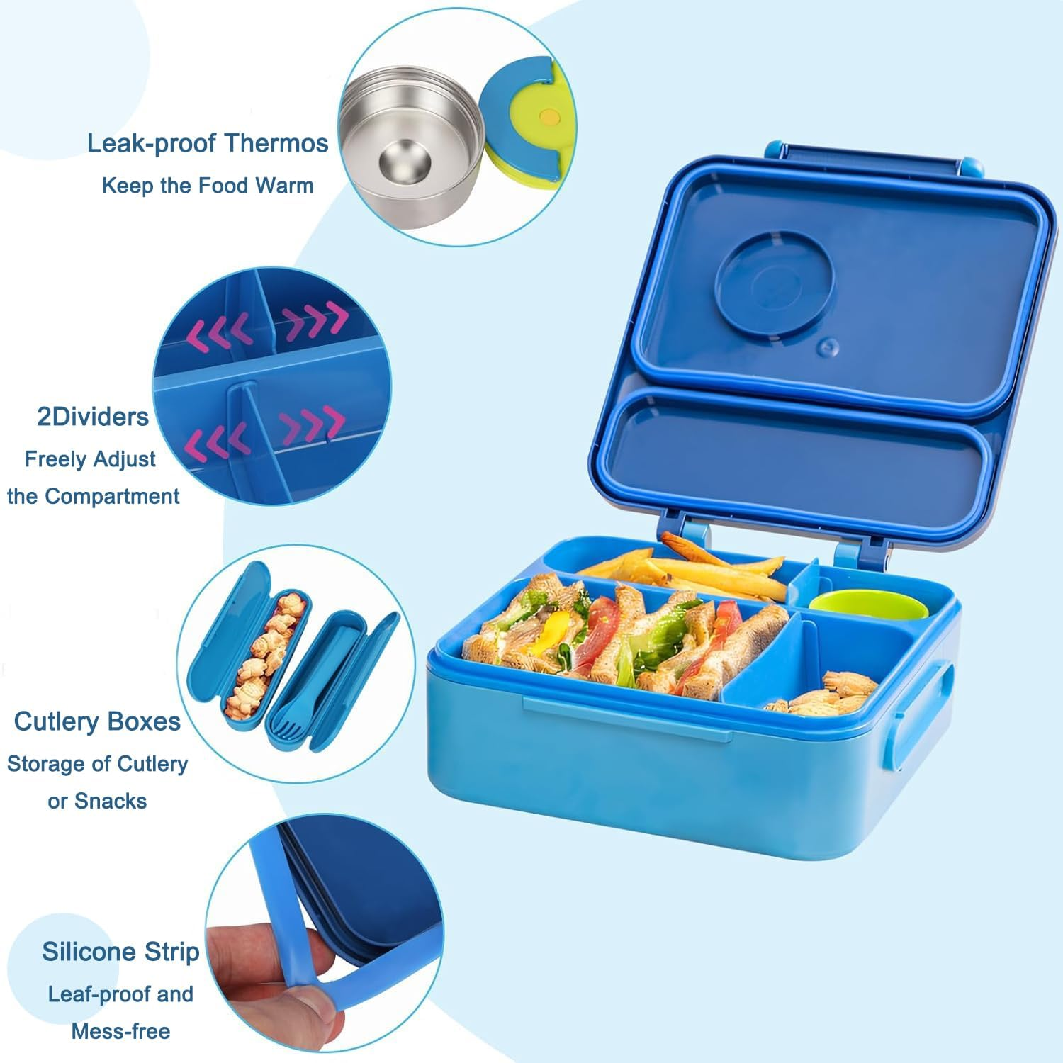 Bento Box for Kids & Adults, Insulated Leak-Proof Lunch Box with Insulated Food Jar for Hot Food, 4-Compartments Lunch Container with Cutlery and Snack Box for School Outdoors Office (Blue) image number 6