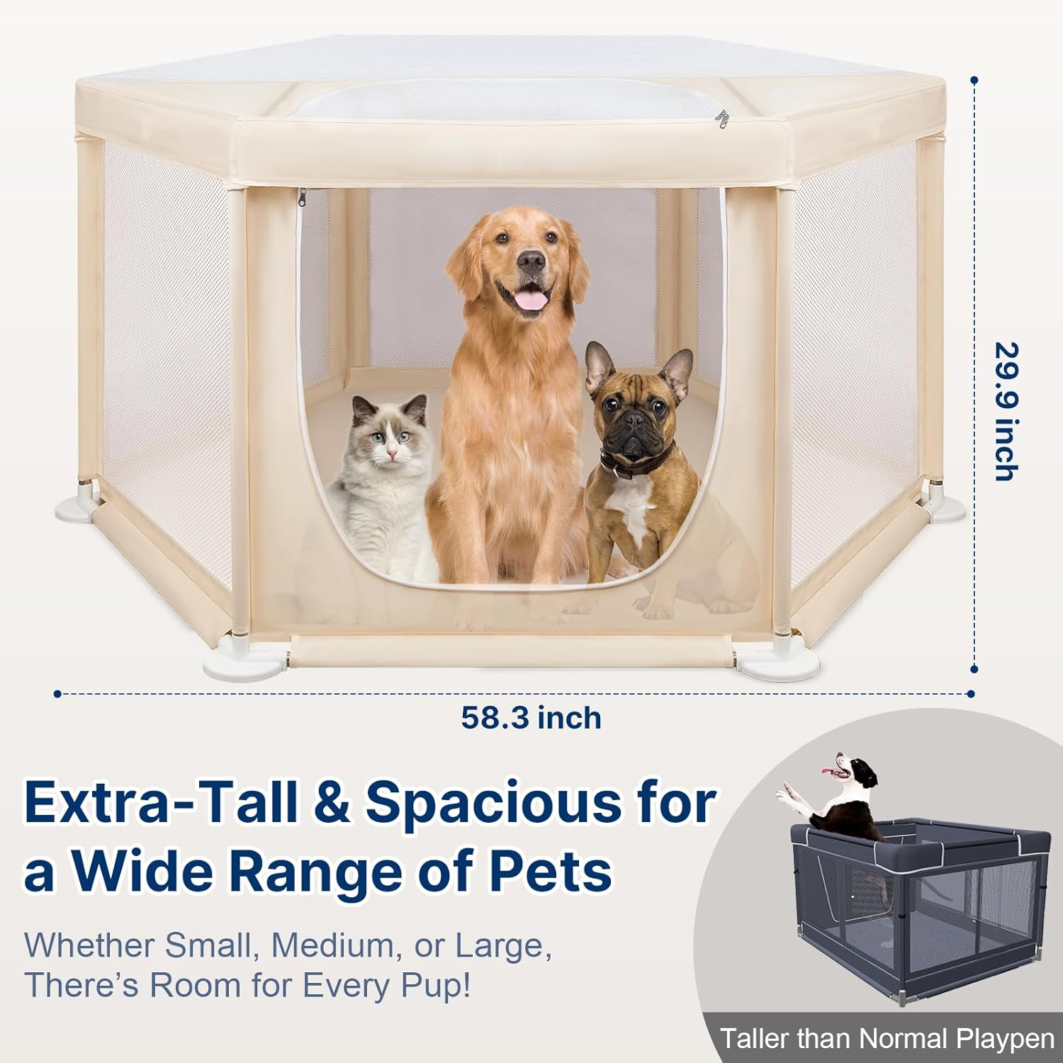 58"X58"X30" Large Dog Playpen Indoor, Extra Tall Puppy Playpen with Removable Roof, Sturdy Fabric Mesh Dog Pen for Medium to Large Pets, Spacious Hexagonal Pet Playpen Indoor for Comfort & Security image number 4