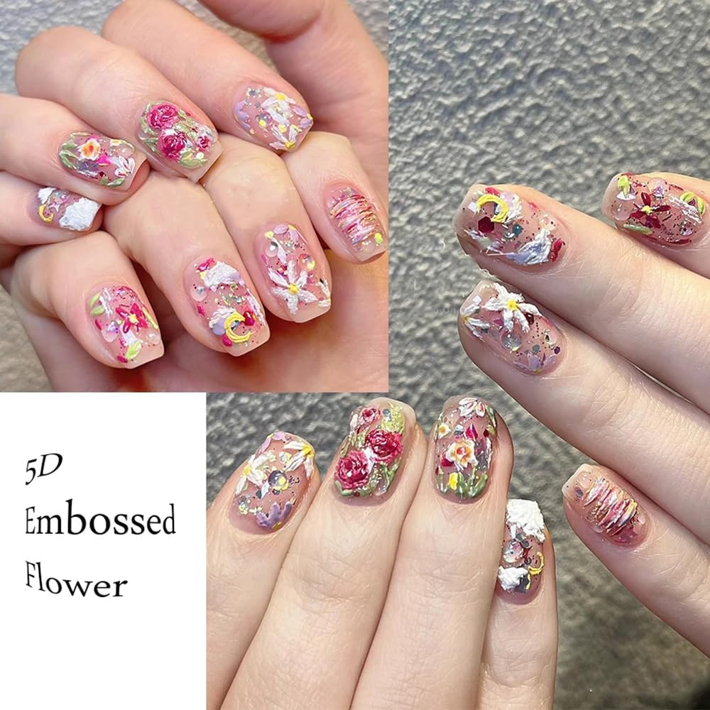 Nail Stickers Self-Adhesive 5D Flowers Nail Art Stickers Pink White Wild Flowers Spring Flowers Nail Sticker 3D Nail Design DIY Manicure Decoration (2 Sheets) image number 5