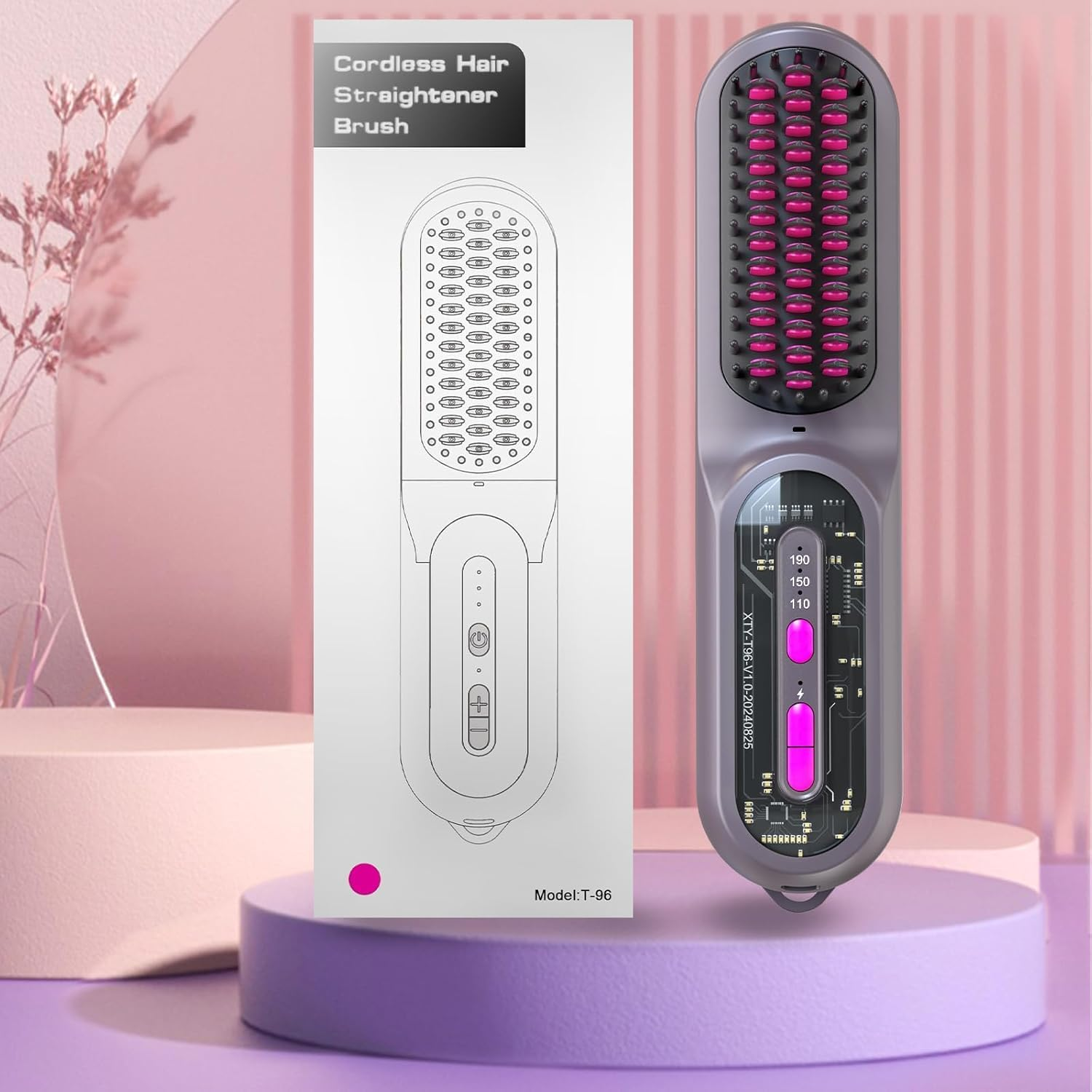 Cordless Hair Straightener Brush, Portable Straightening Brush for Women, Mini Hair Straightener for Travel, 9600Mah Rechargeable Fast Heating Electric Hair Straight Comb, 8X2X1.8Inch, 0.9Lb, Gray image number 4