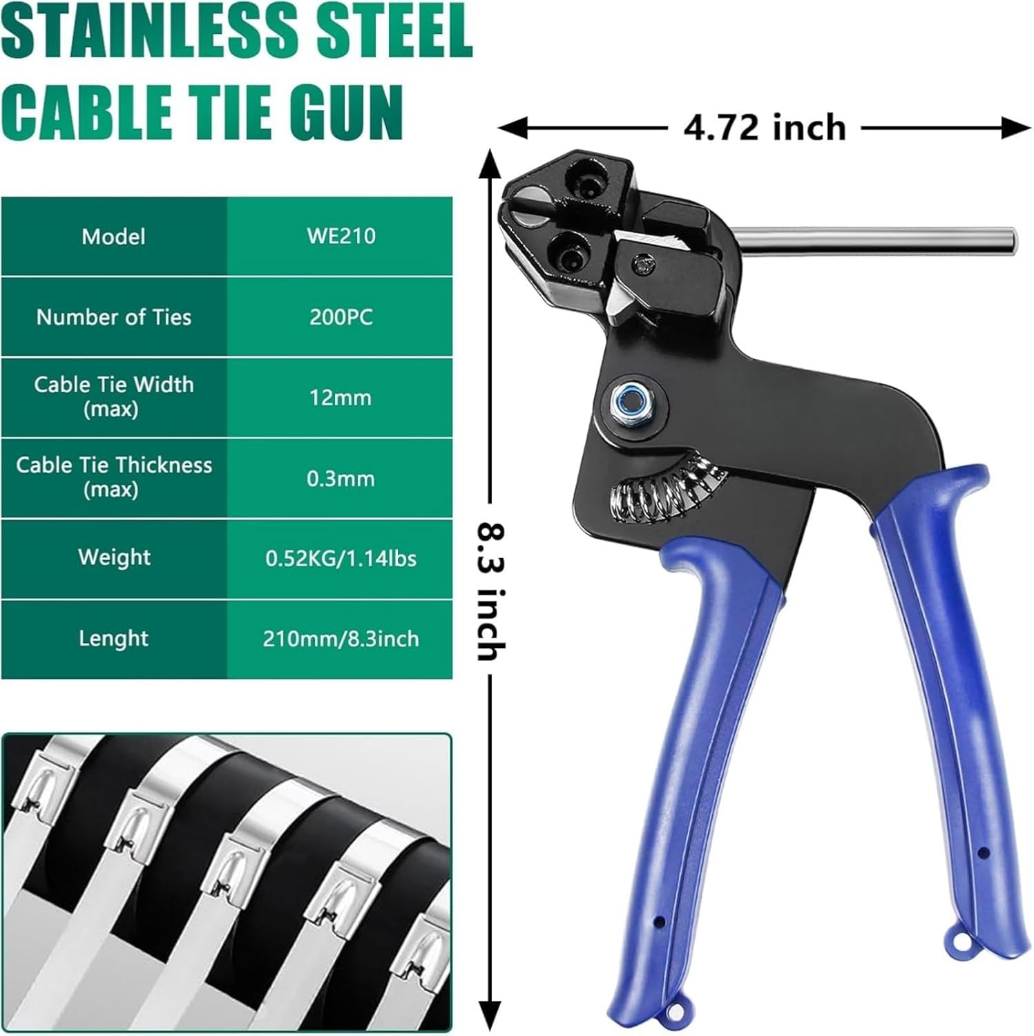 Ssumght Metal Zip Ties Tool, Stainless Steel Cable Tie Gun with 200PCS Self-Locking Metal Steel Zip Ties, Metal Tie Wrap Gun Kit, Duty Outdoor Adjustable Fastening Cutting Tie Tool Sets