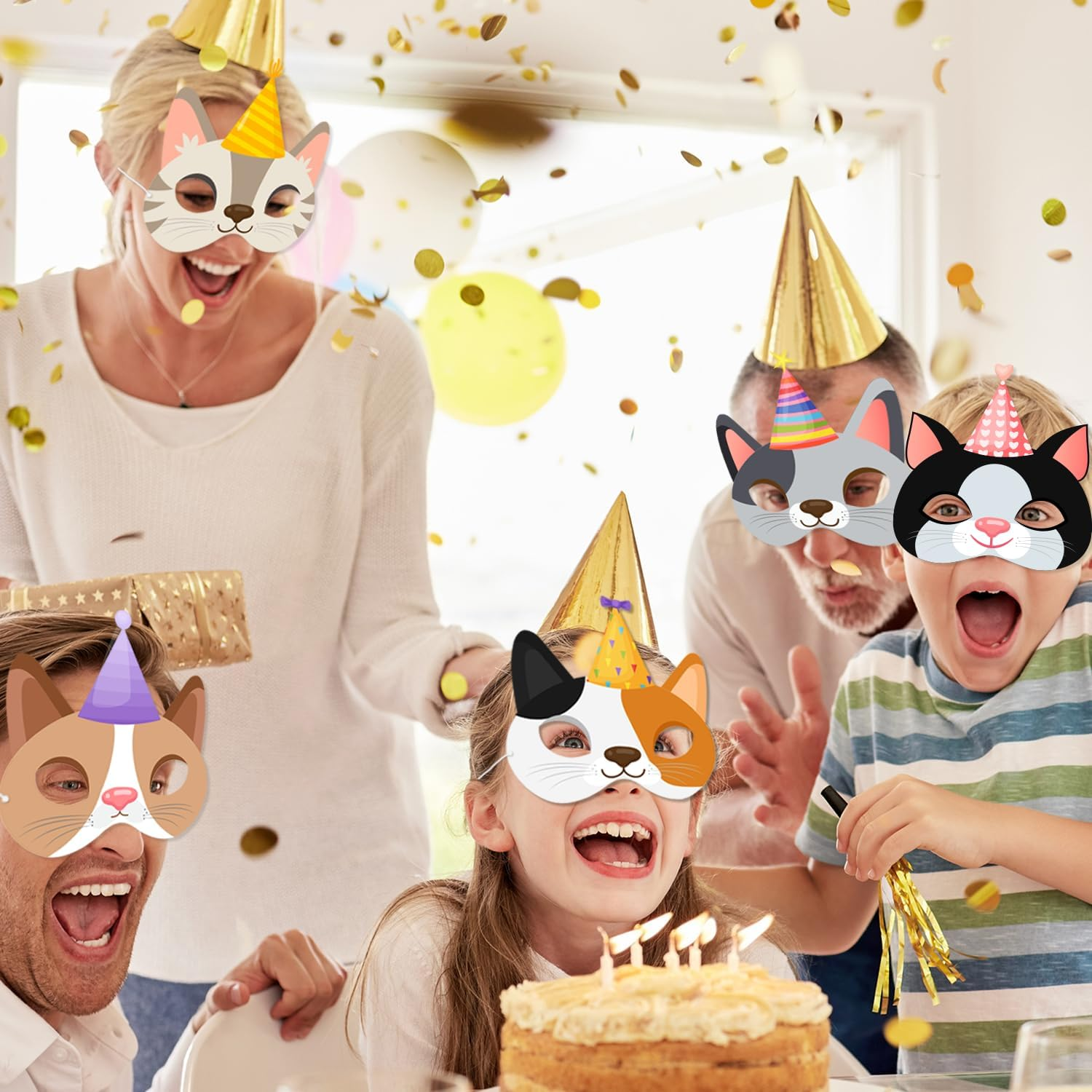 Cat Birthday Masks, 24 Pcs Kitten Party Masks - Cat Themed Photo Booth Props & Decorations for Kids