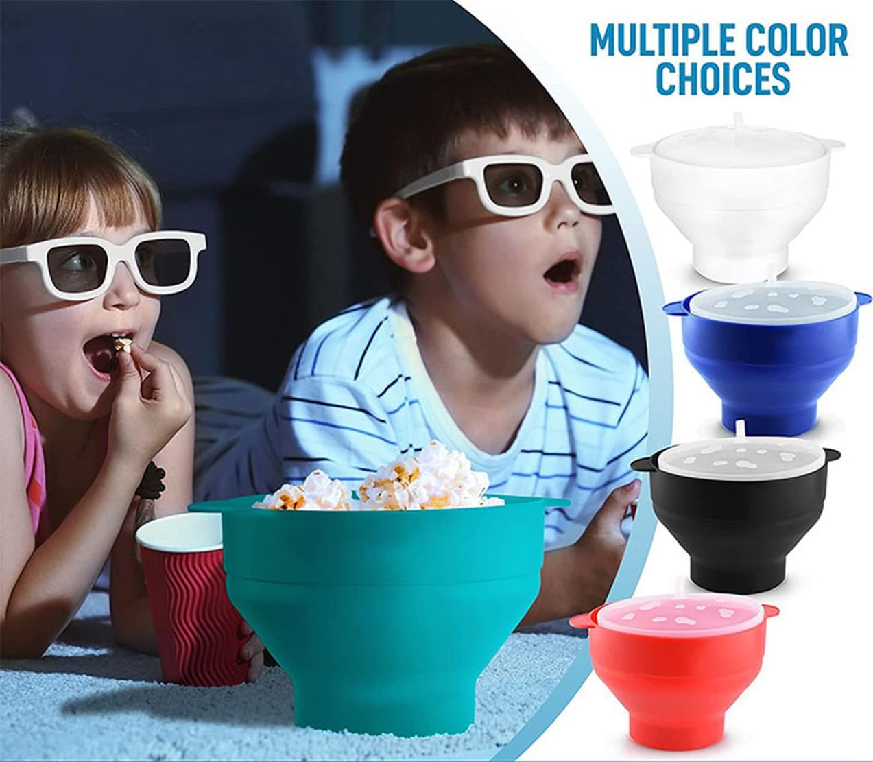 TINGJUNN Microwave Silicone Popcorn Maker Popcorn Bowl Silicone Collapsible Popcorn Maker with Lid and Handle BPA Free, Dishwasher Safe (Black) image number 4